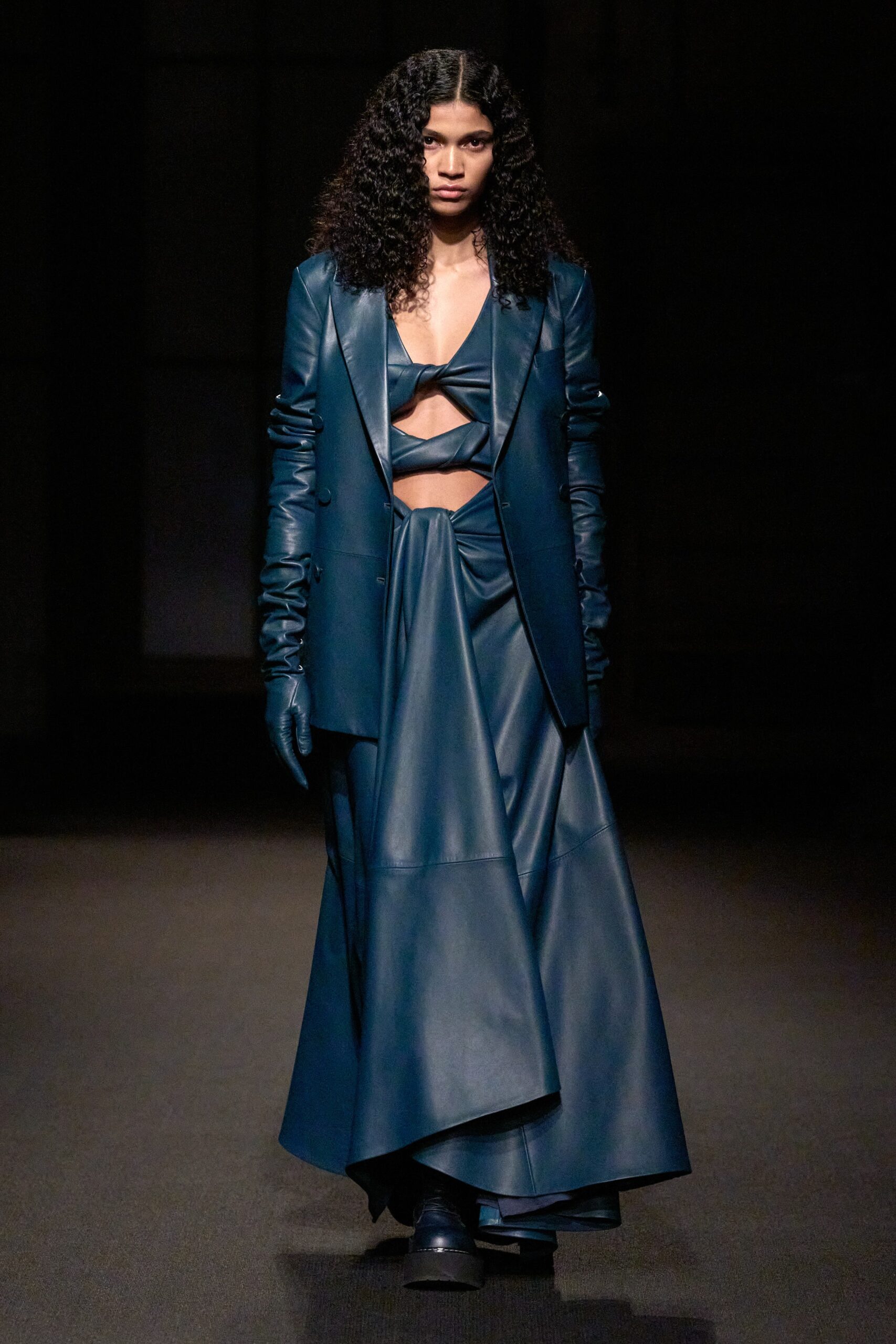 blue leather fitted blazer and skirt