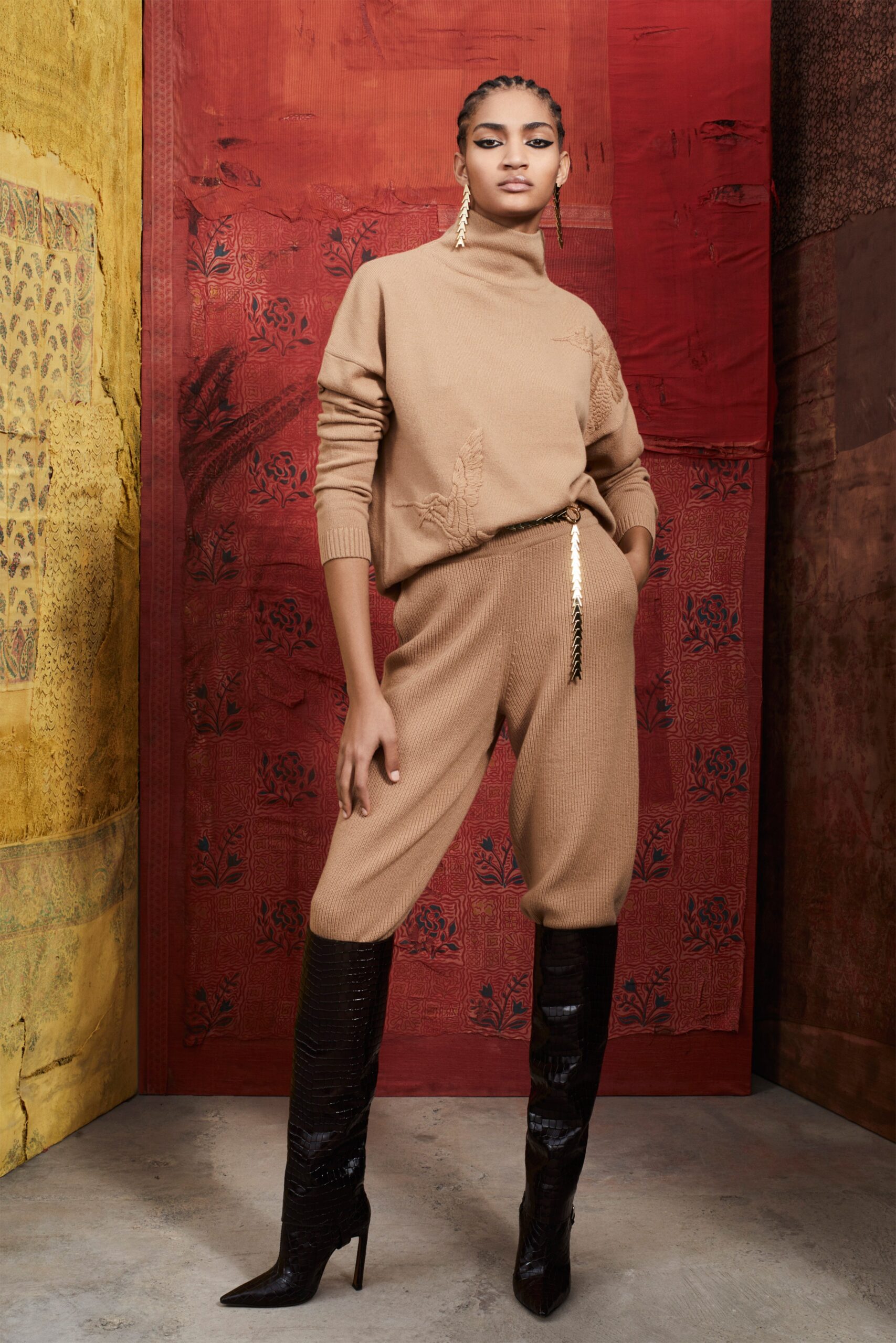brown knit long-sleeve turtleneck fitted embroidered sweater