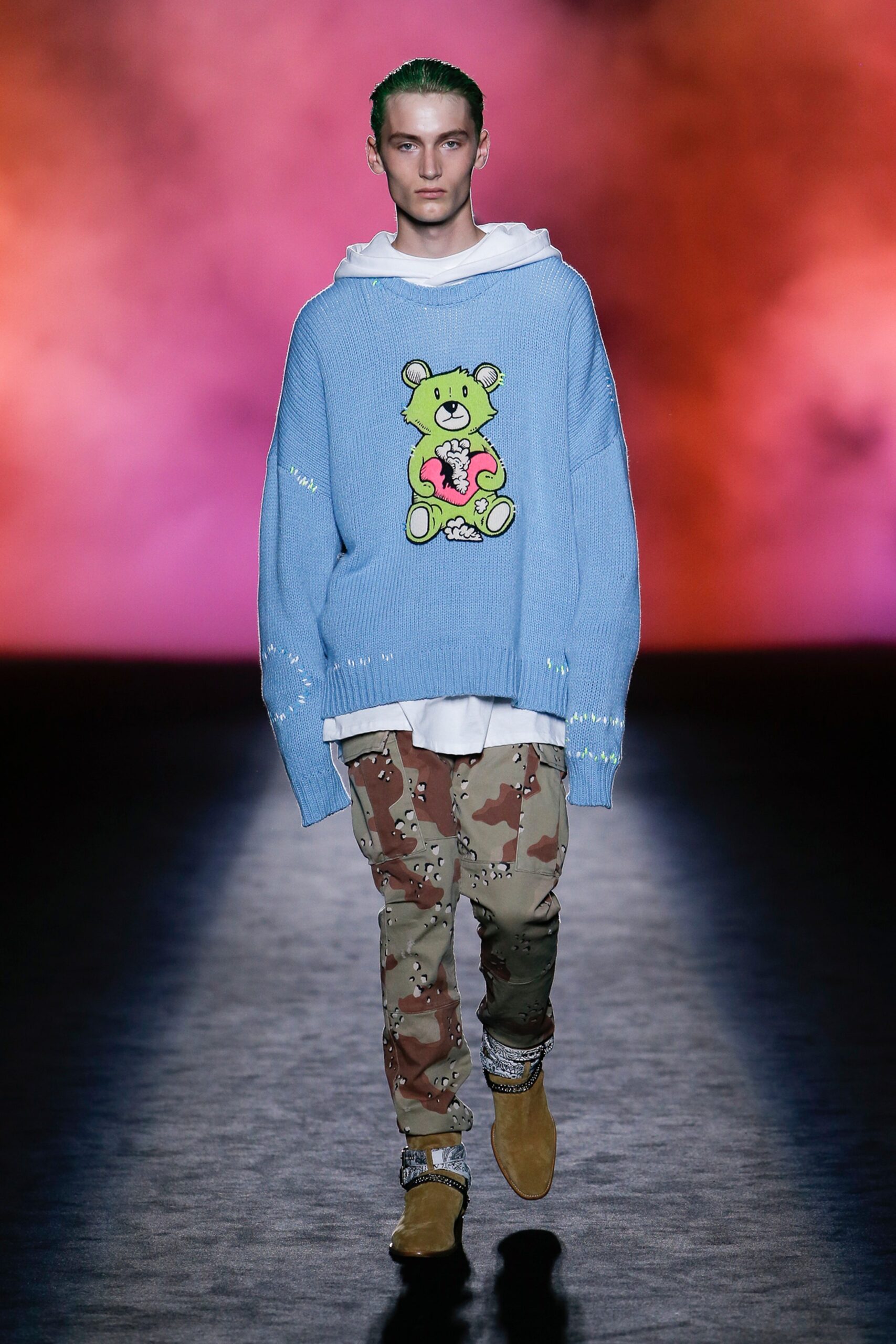 oversized blue sweater with printed design