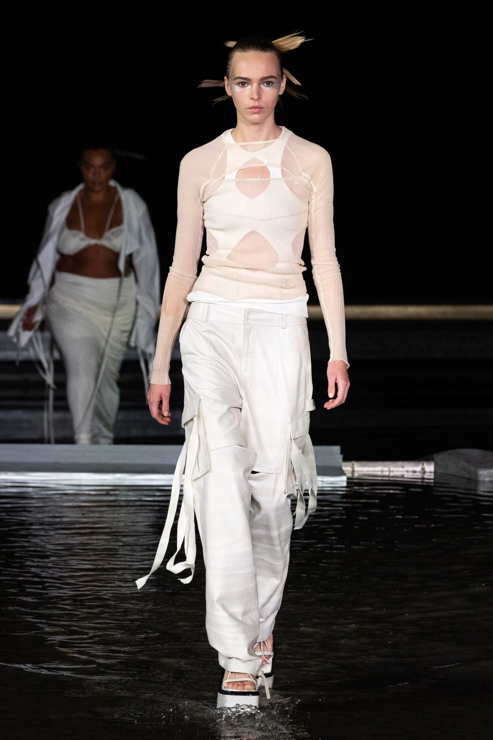 white mesh top and cargo pants