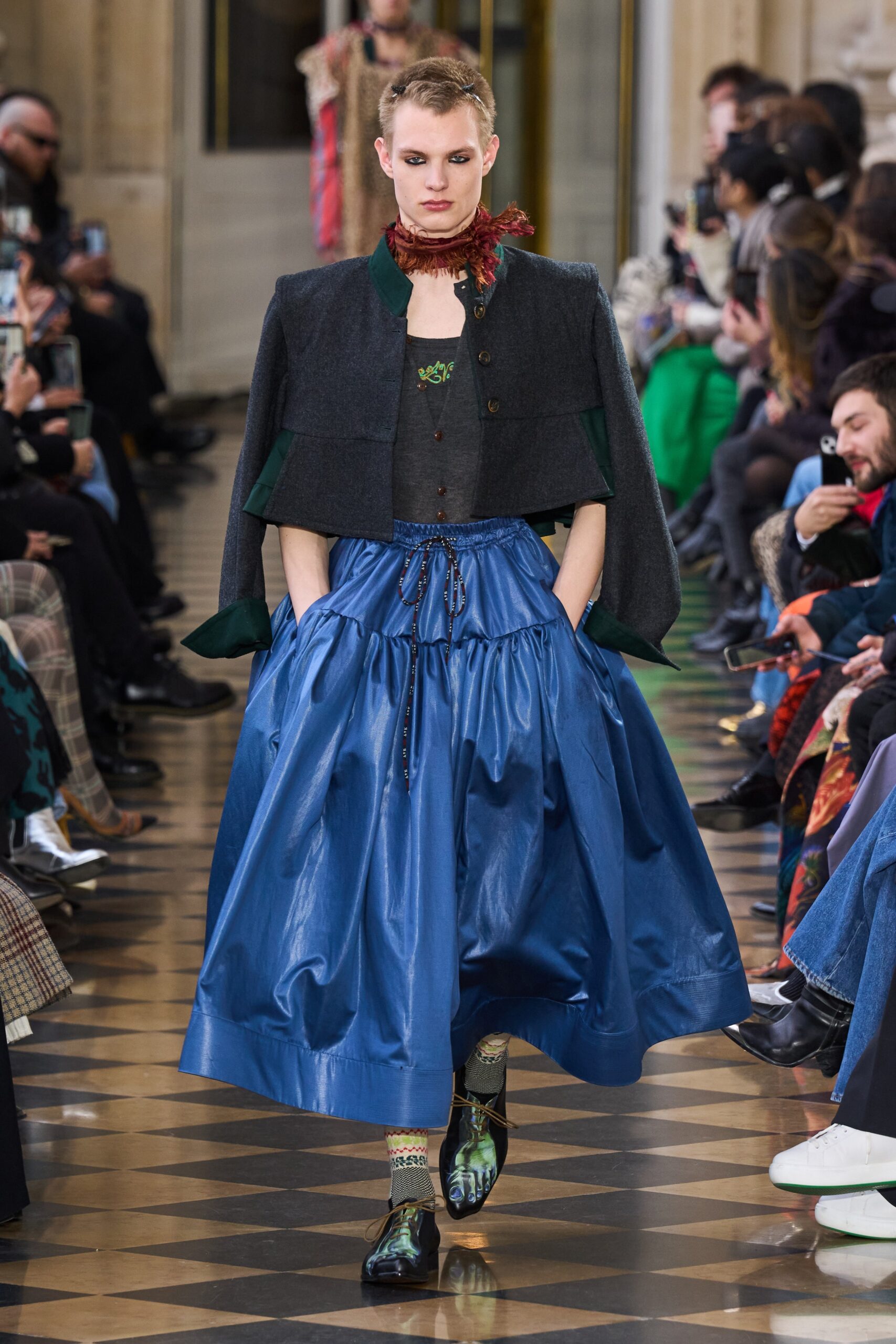 black wool jacket and blue silk dress