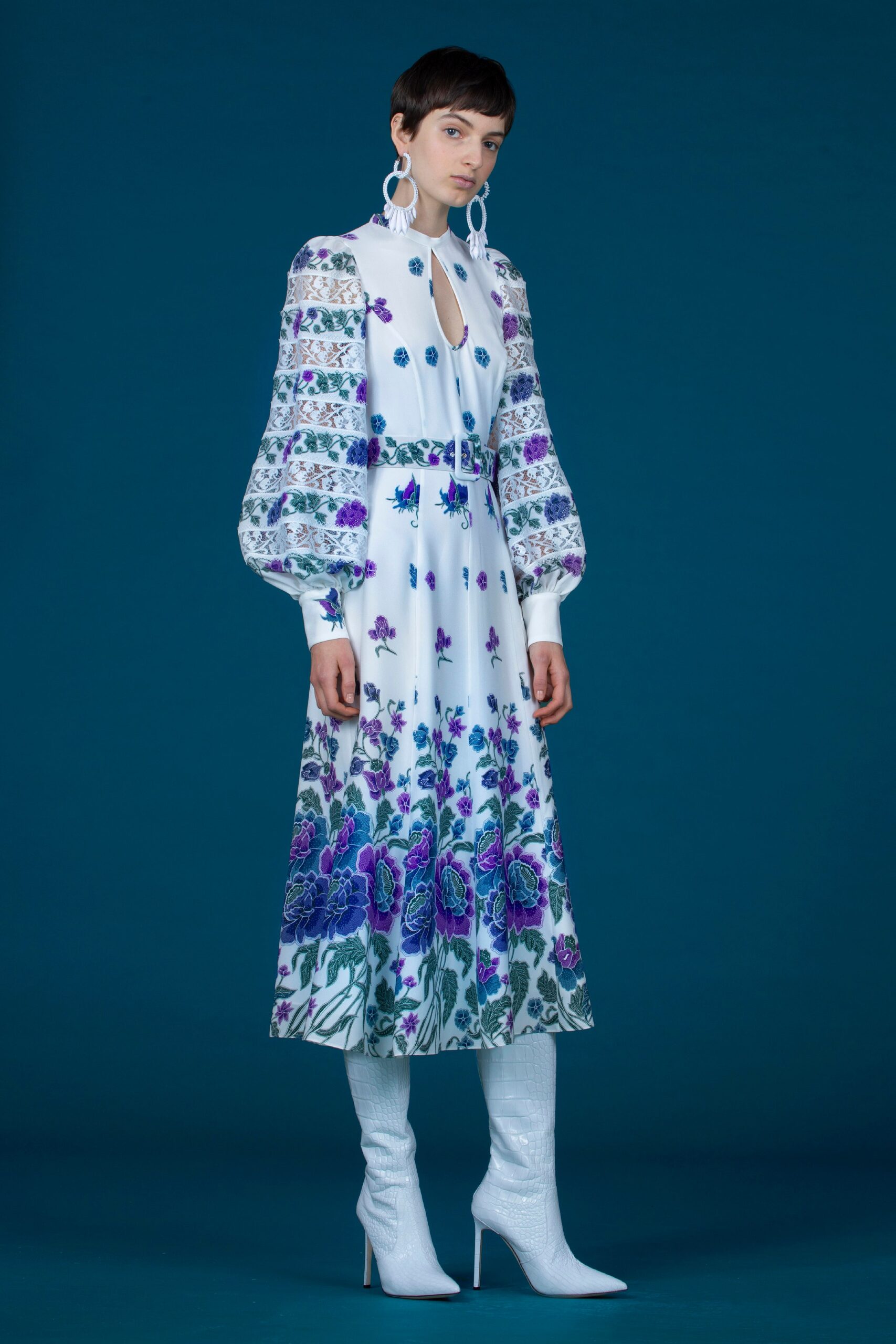 white embroidered midi dress with boots