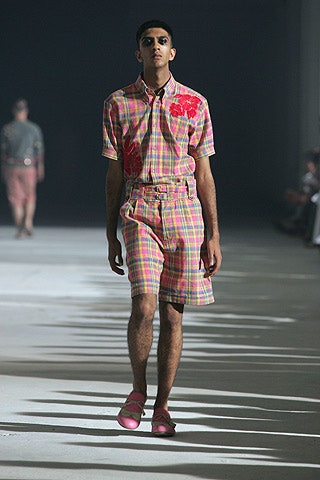 pink checked shirt and shorts