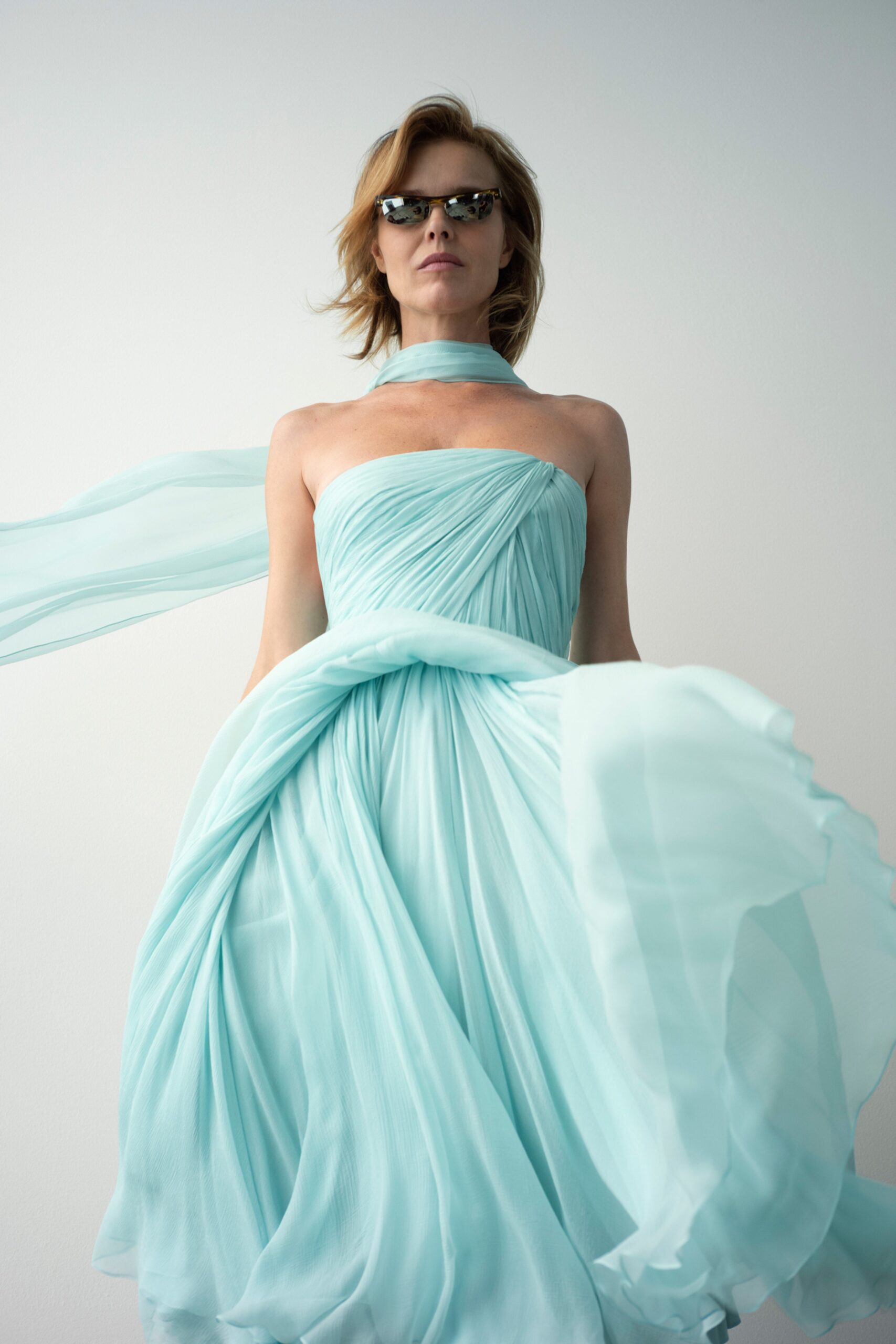 blue chiffon strapless fitted draped flowing maxi gown