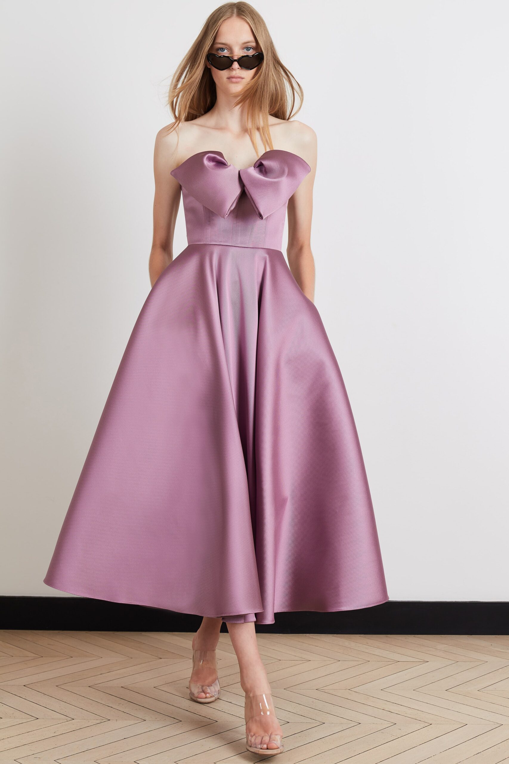 purple strapless a-line dress