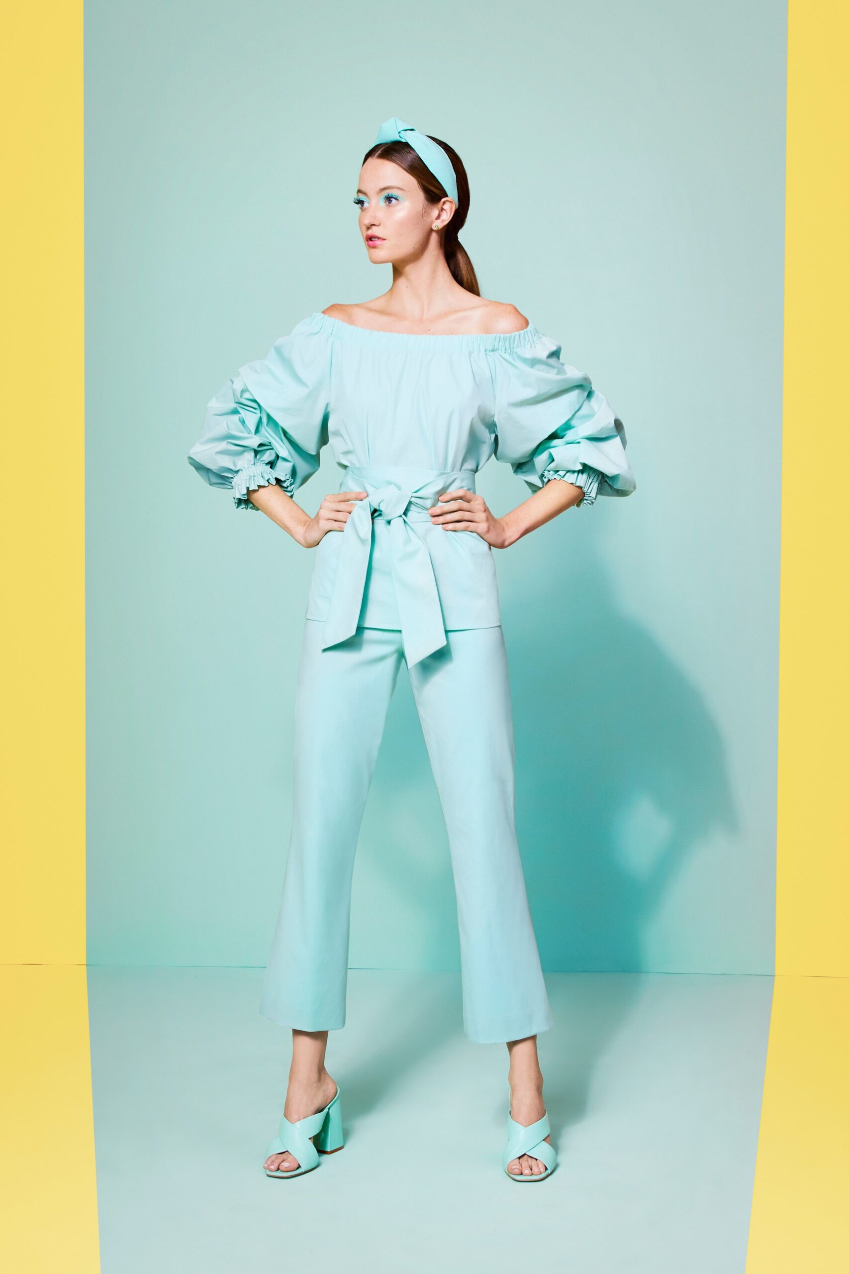 blue off-shoulder top with flared pants