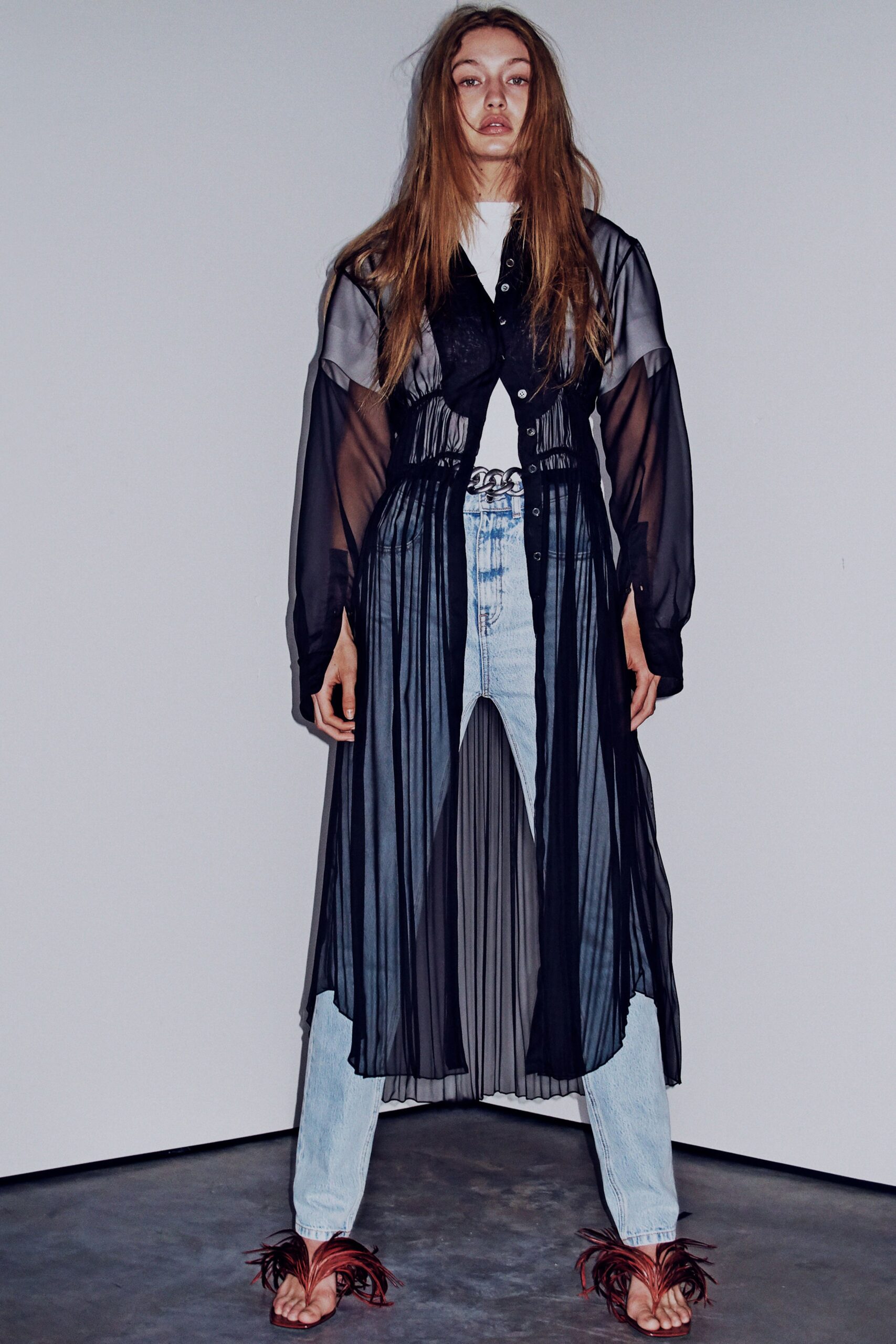 black chiffon long-sleeve collared fitted pleated buttoned dress