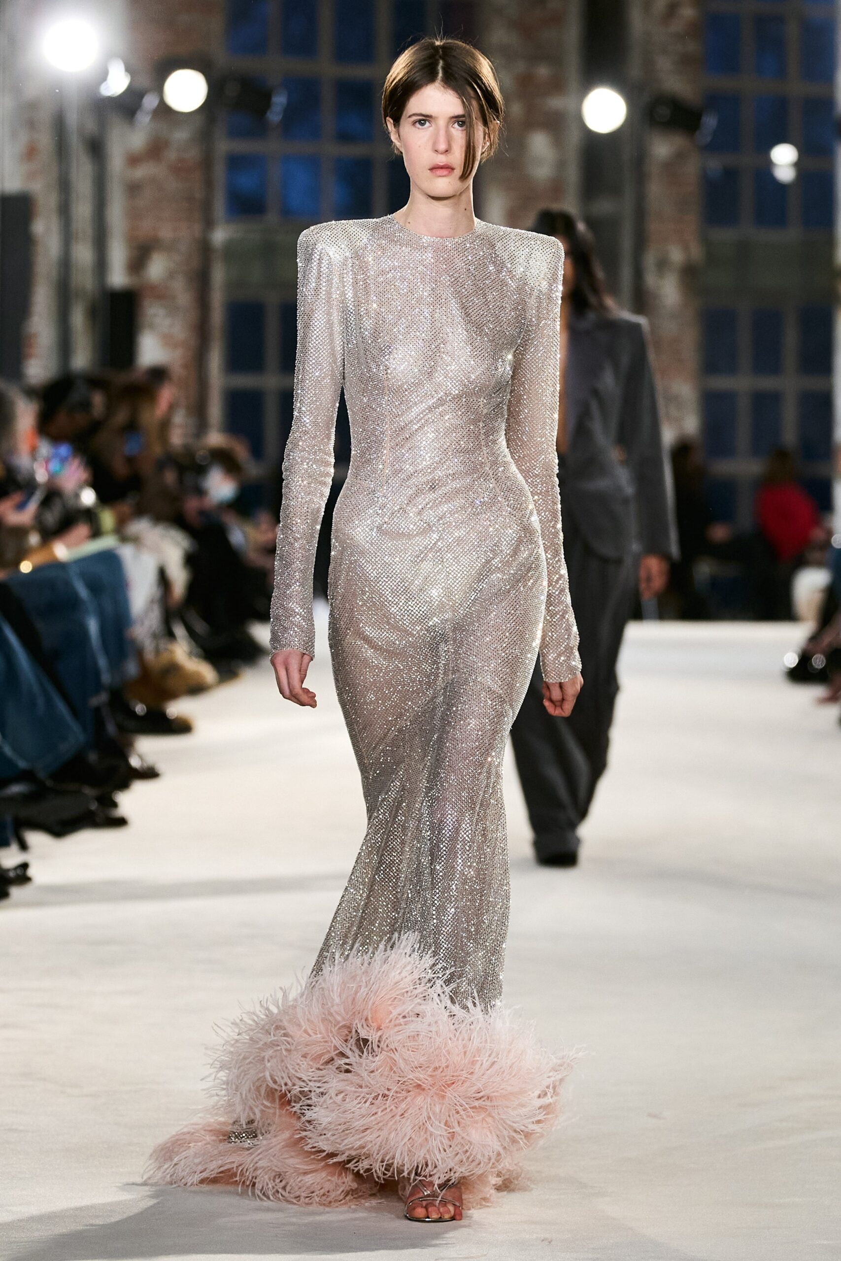 gray long-sleeve high-neck fitted sequined draped shiny gown