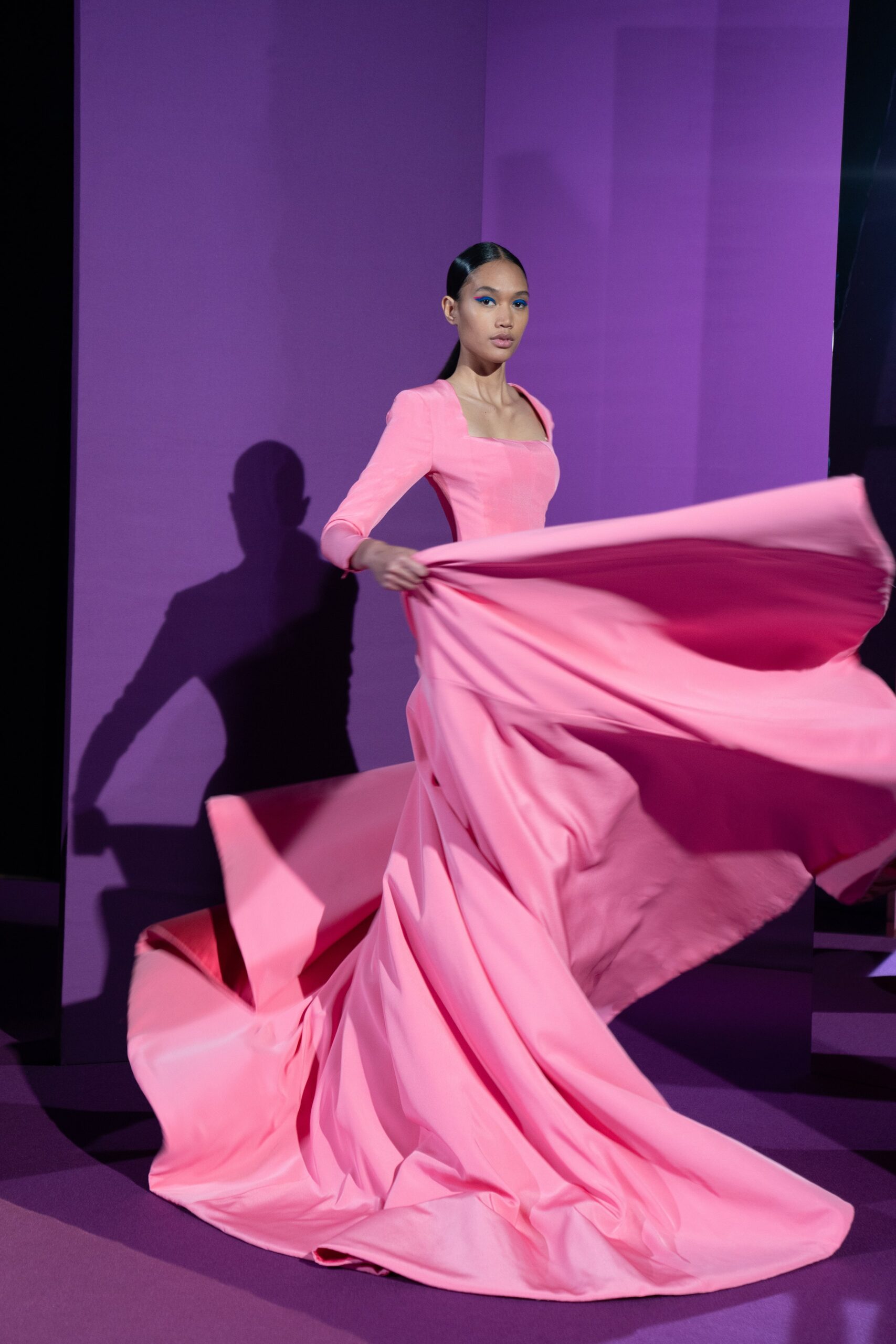 pink silk long-sleeve gown