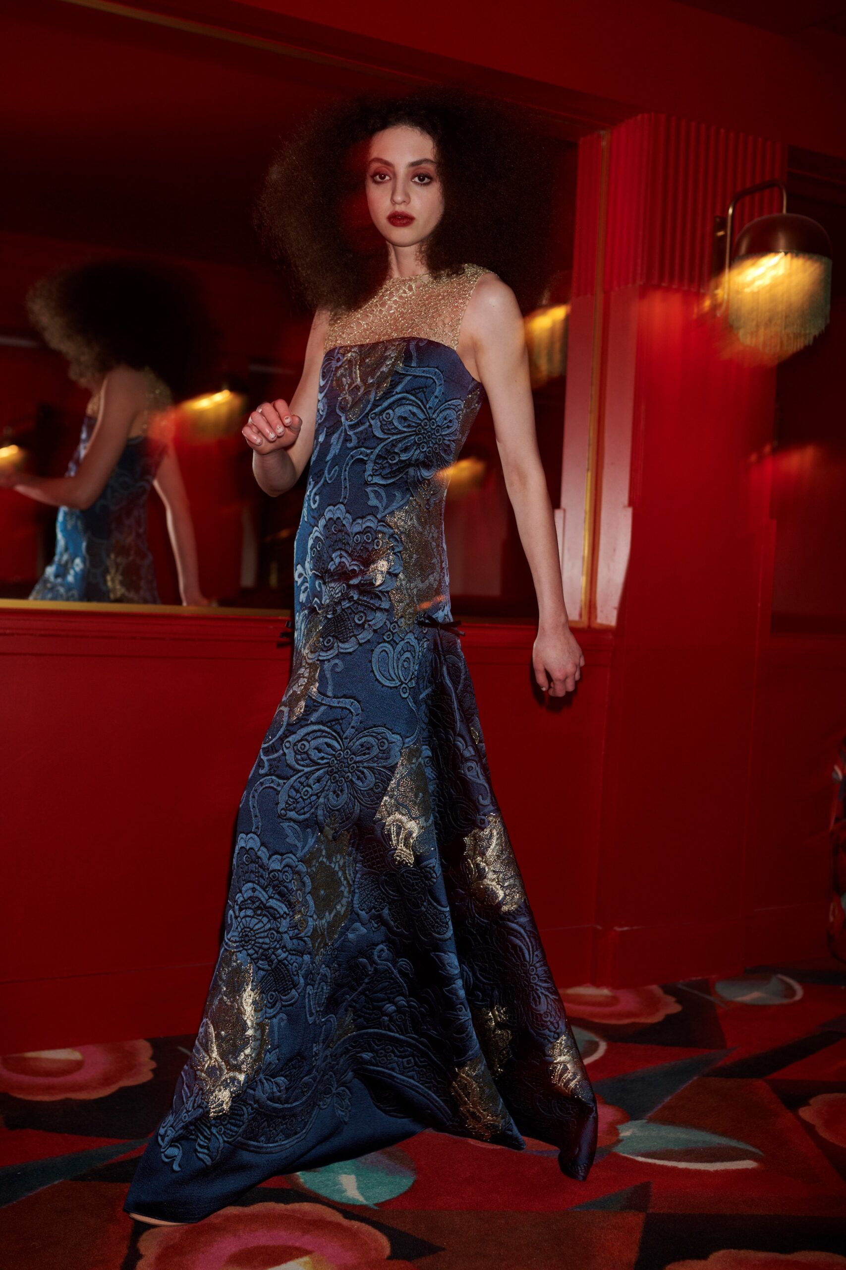 blue silk embroidered gown