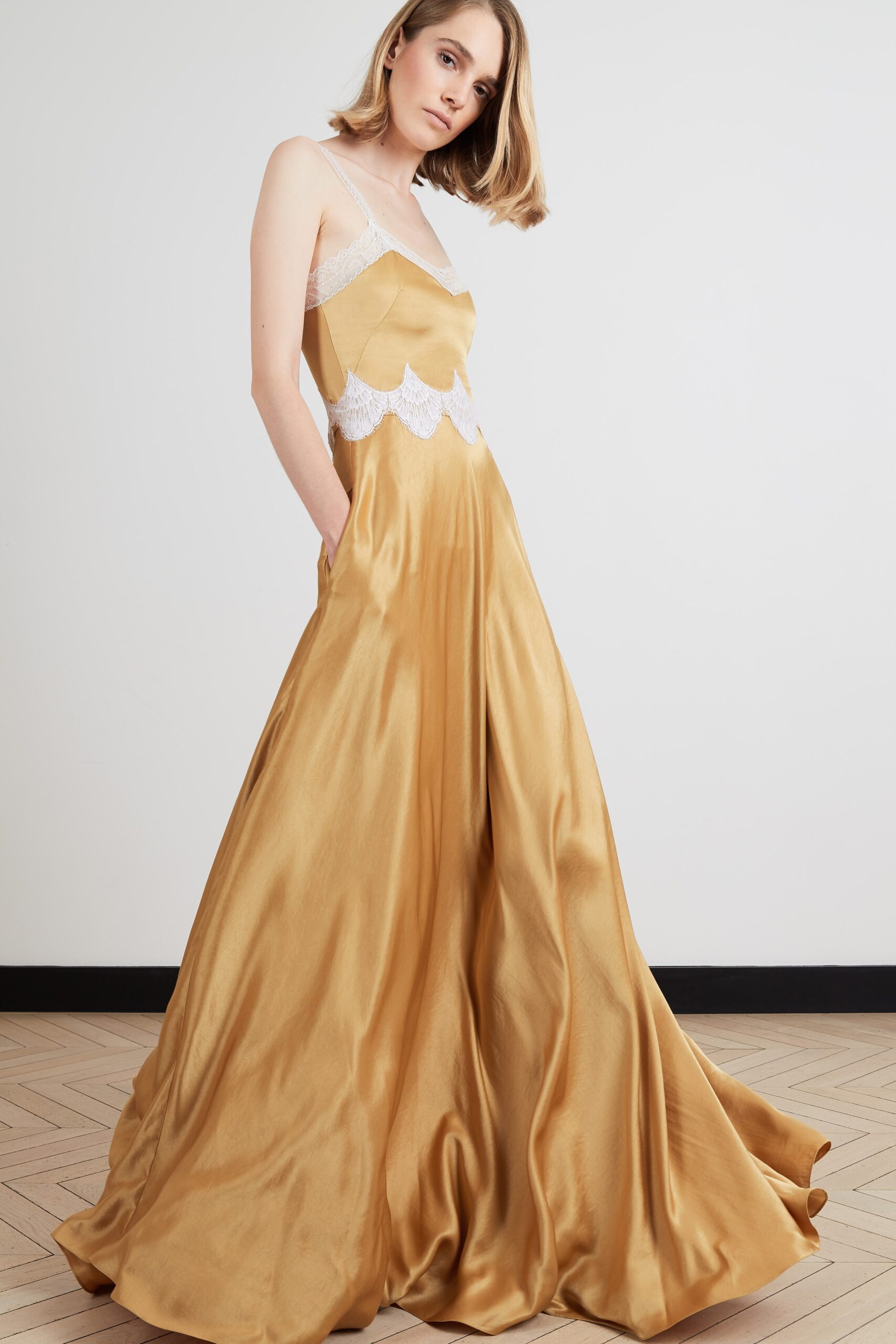 gold silk sleeveless gown