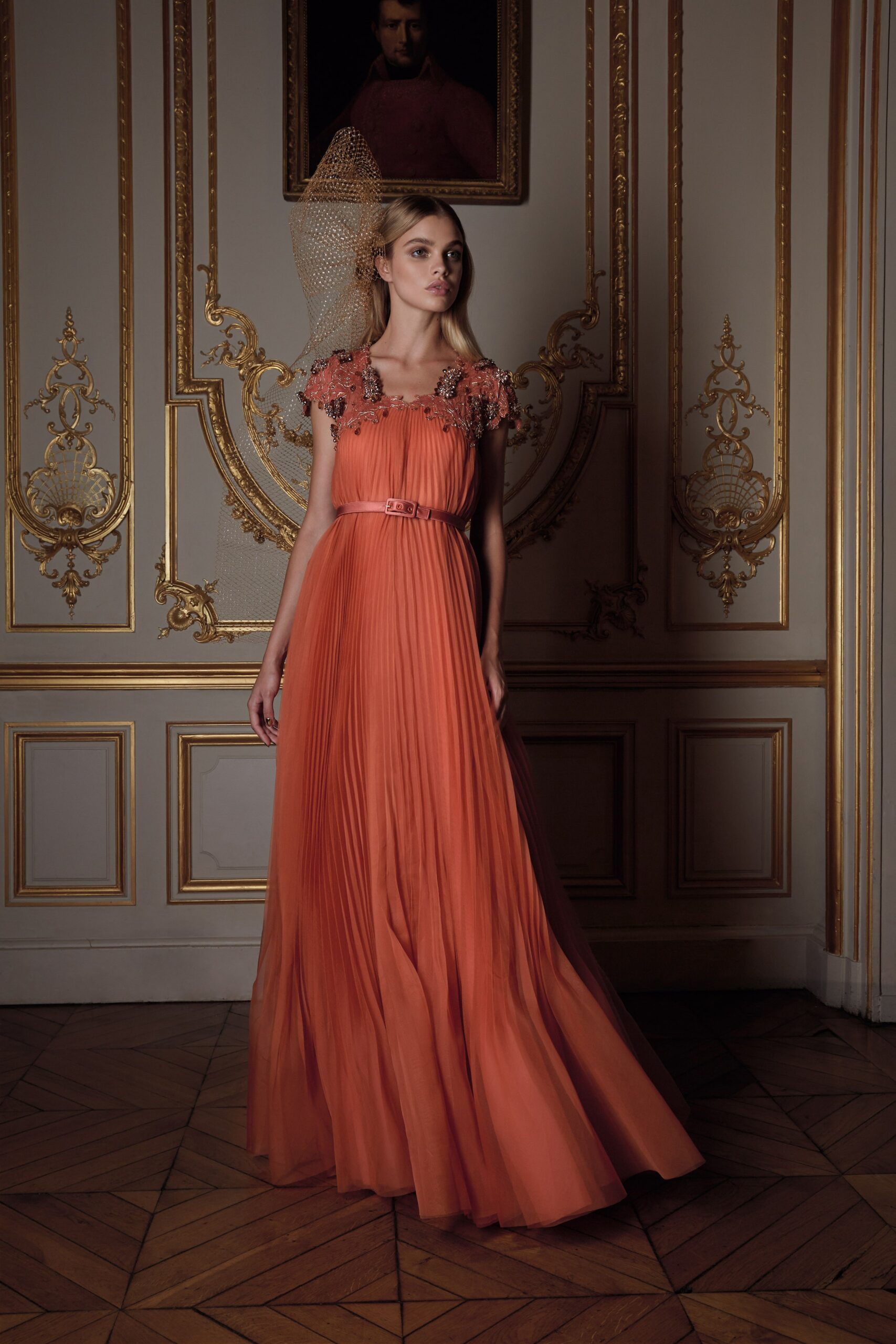 orange silk pleated gown