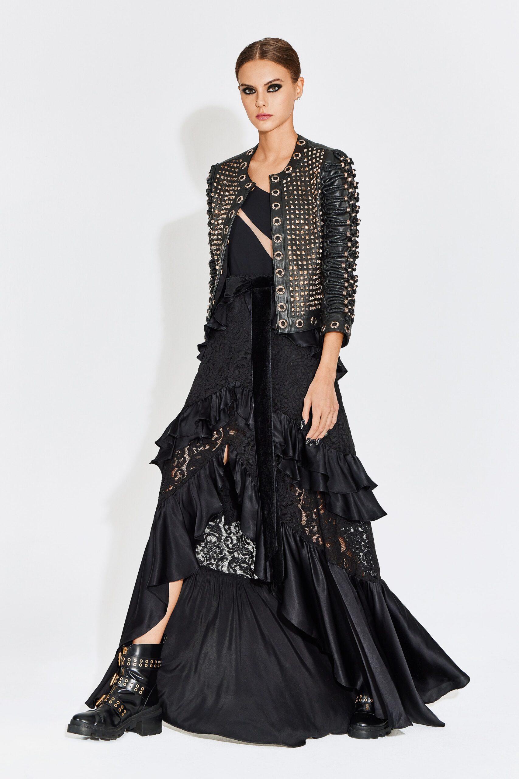black silk sleeveless v-neck fitted ruffled layered dress