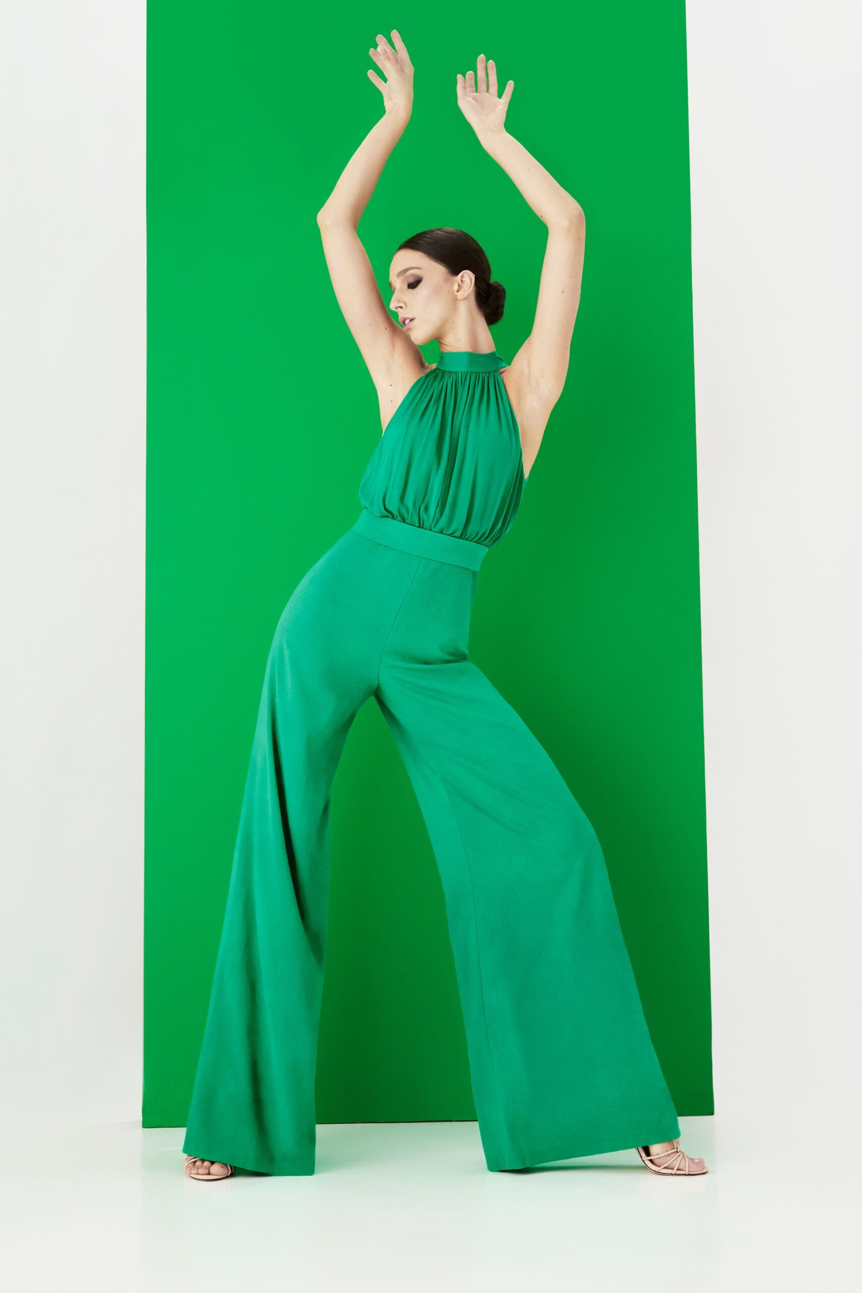 green sleeveless halter jumpsuit