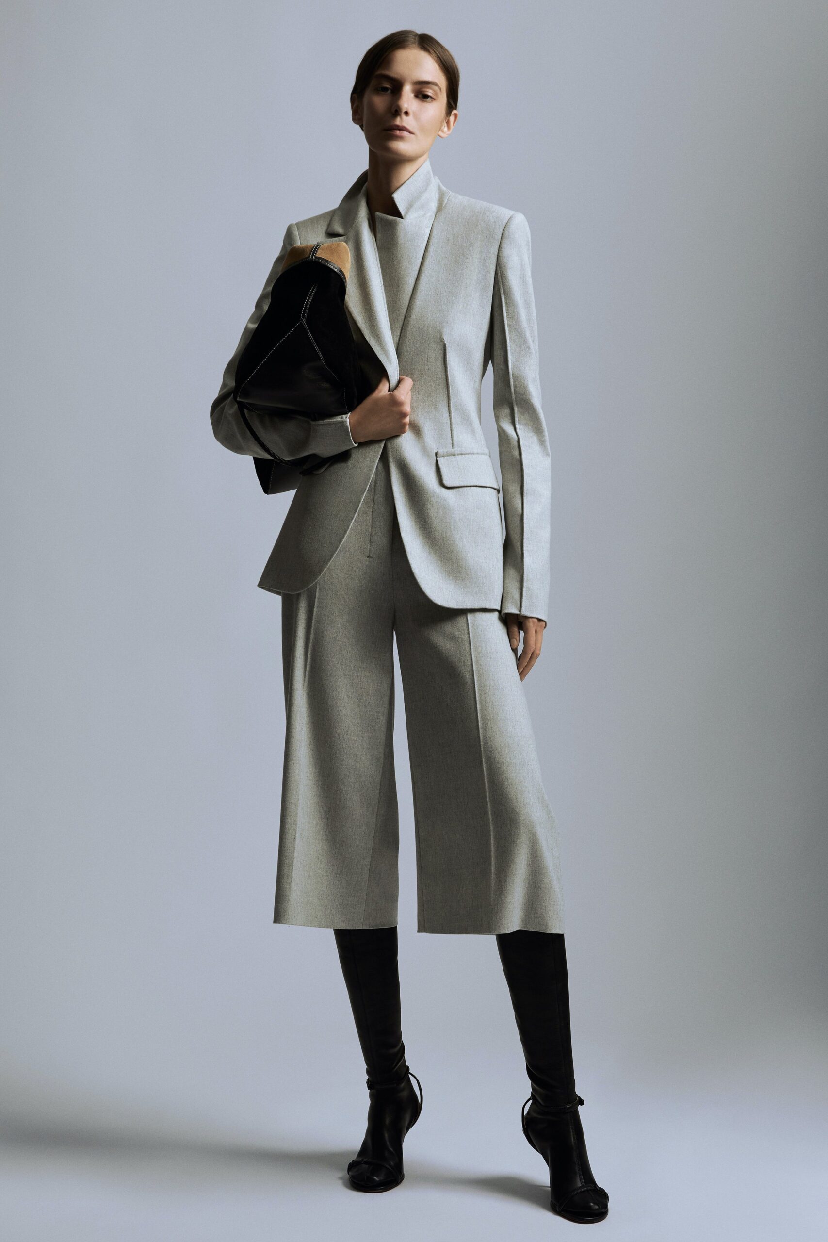gray wool tailored wide-leg cropped pants