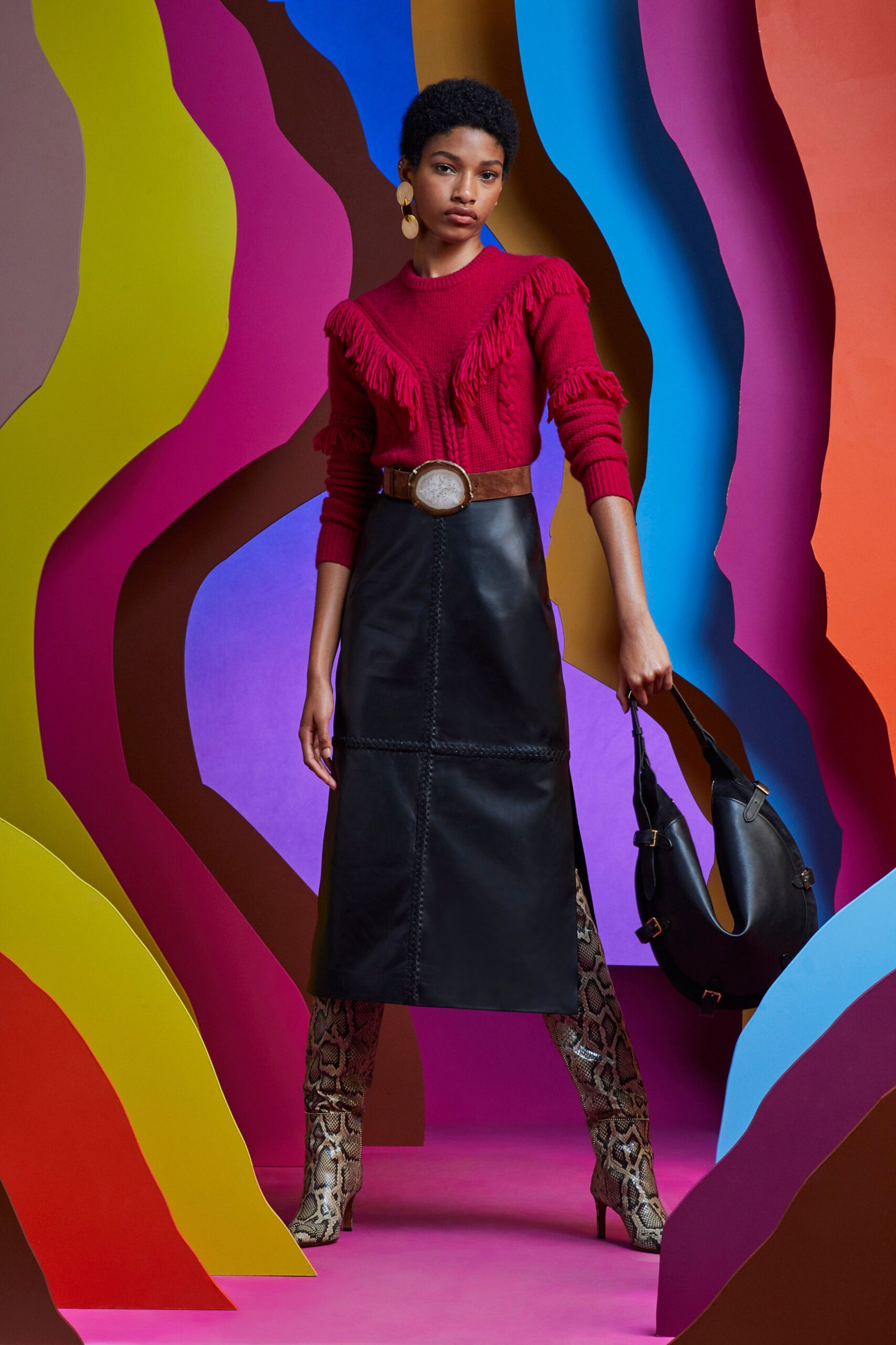 red wool long-sleeve collared fitted fringed top