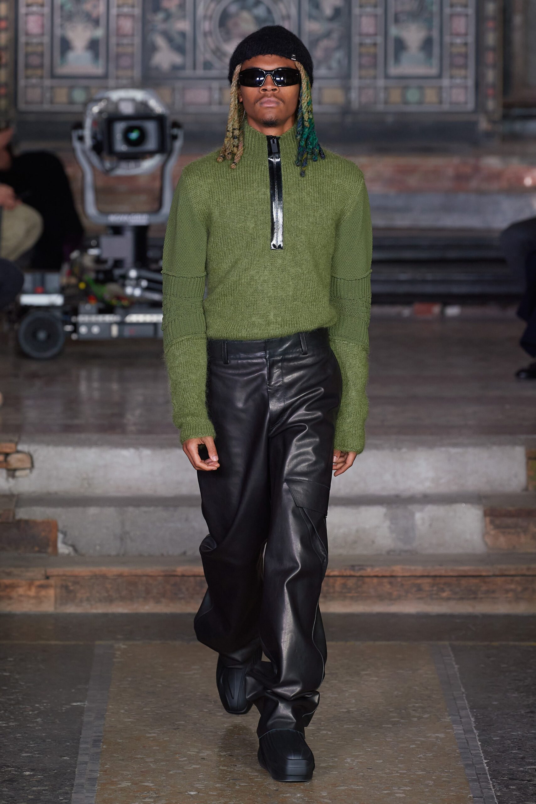green wool long-sleeve high-neck fitted zippered sweater