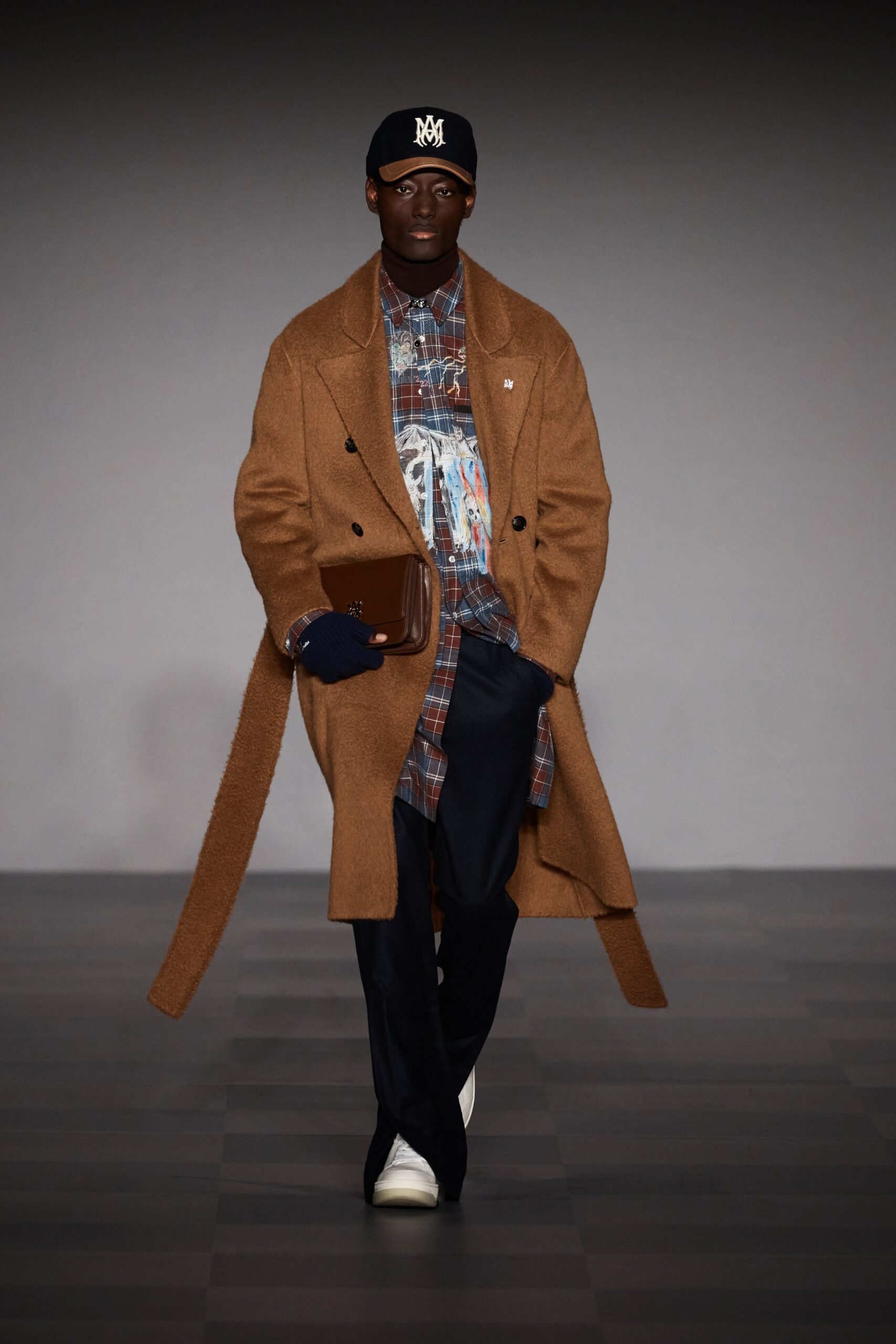 brown wool coat with checked shirt