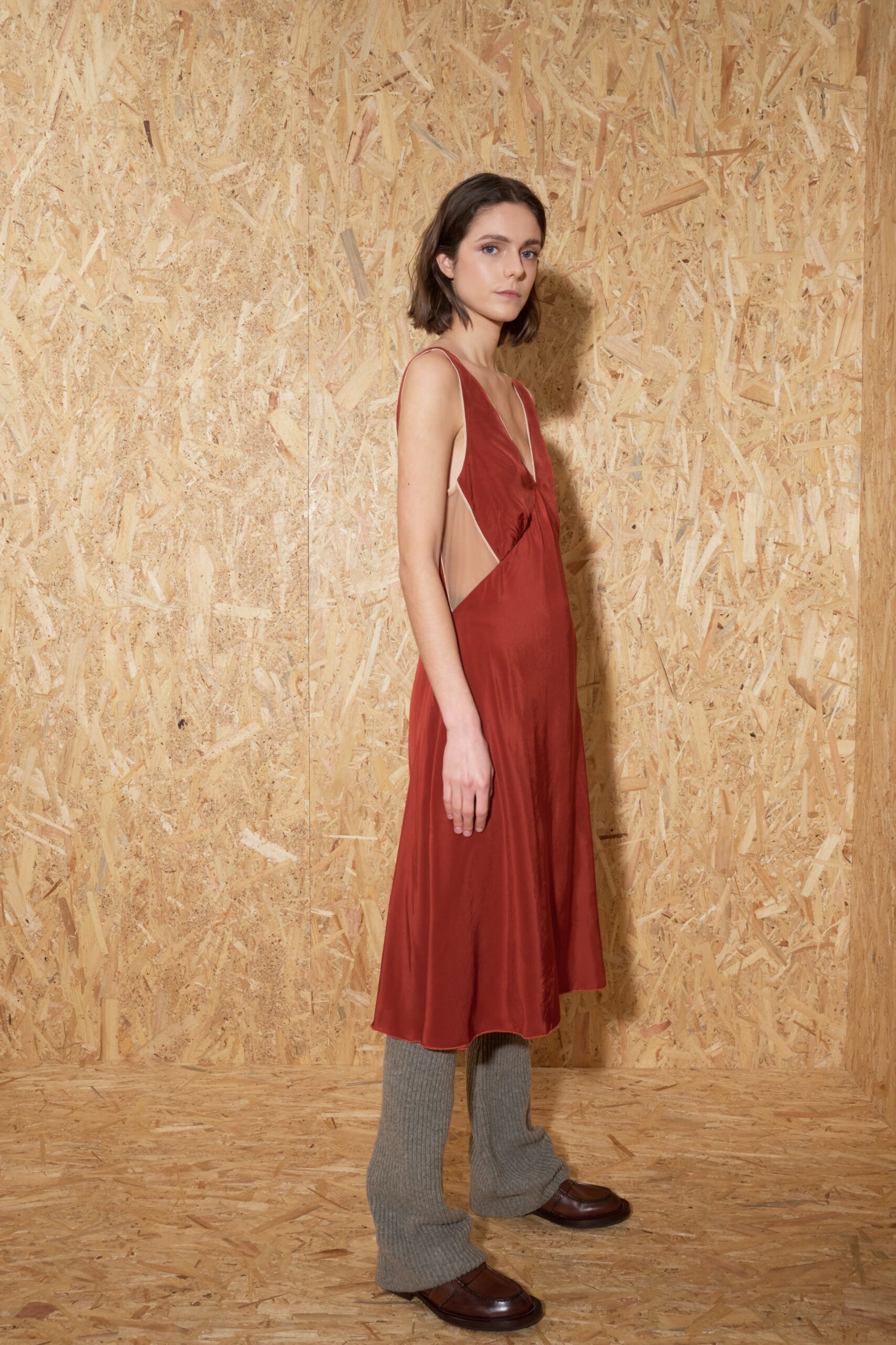 red silk midi dress with flared pants