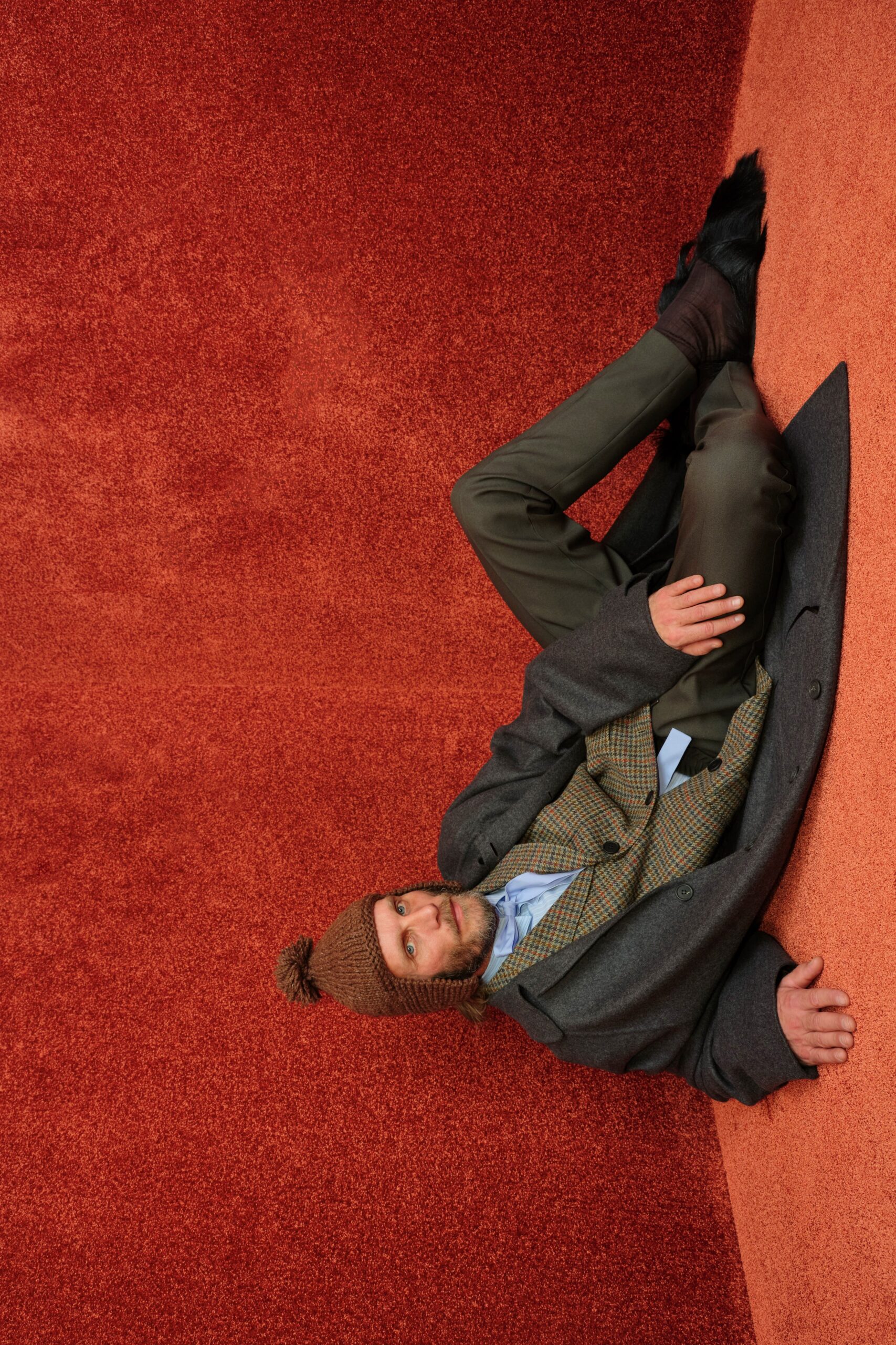 gray wool coat with green pants