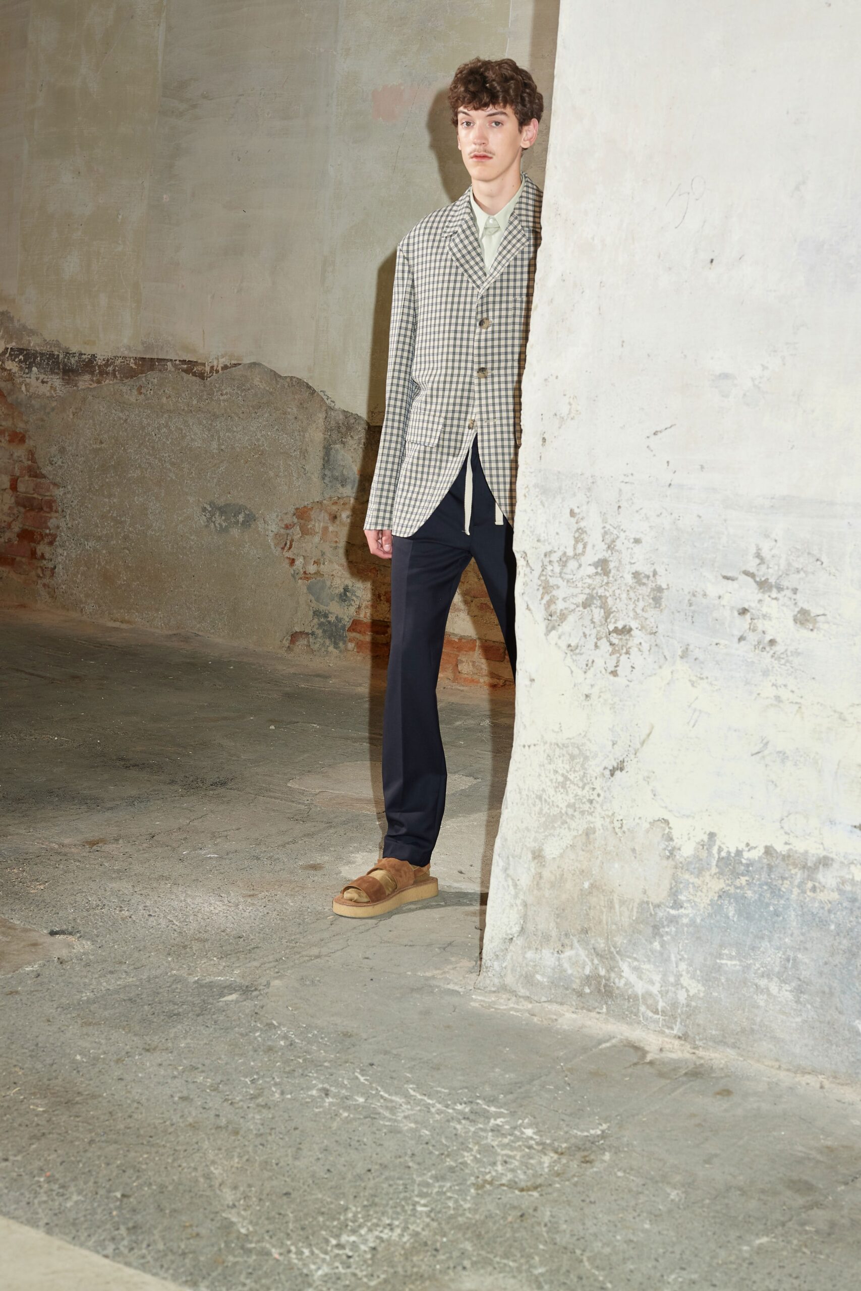 beige checked blazer with navy pants