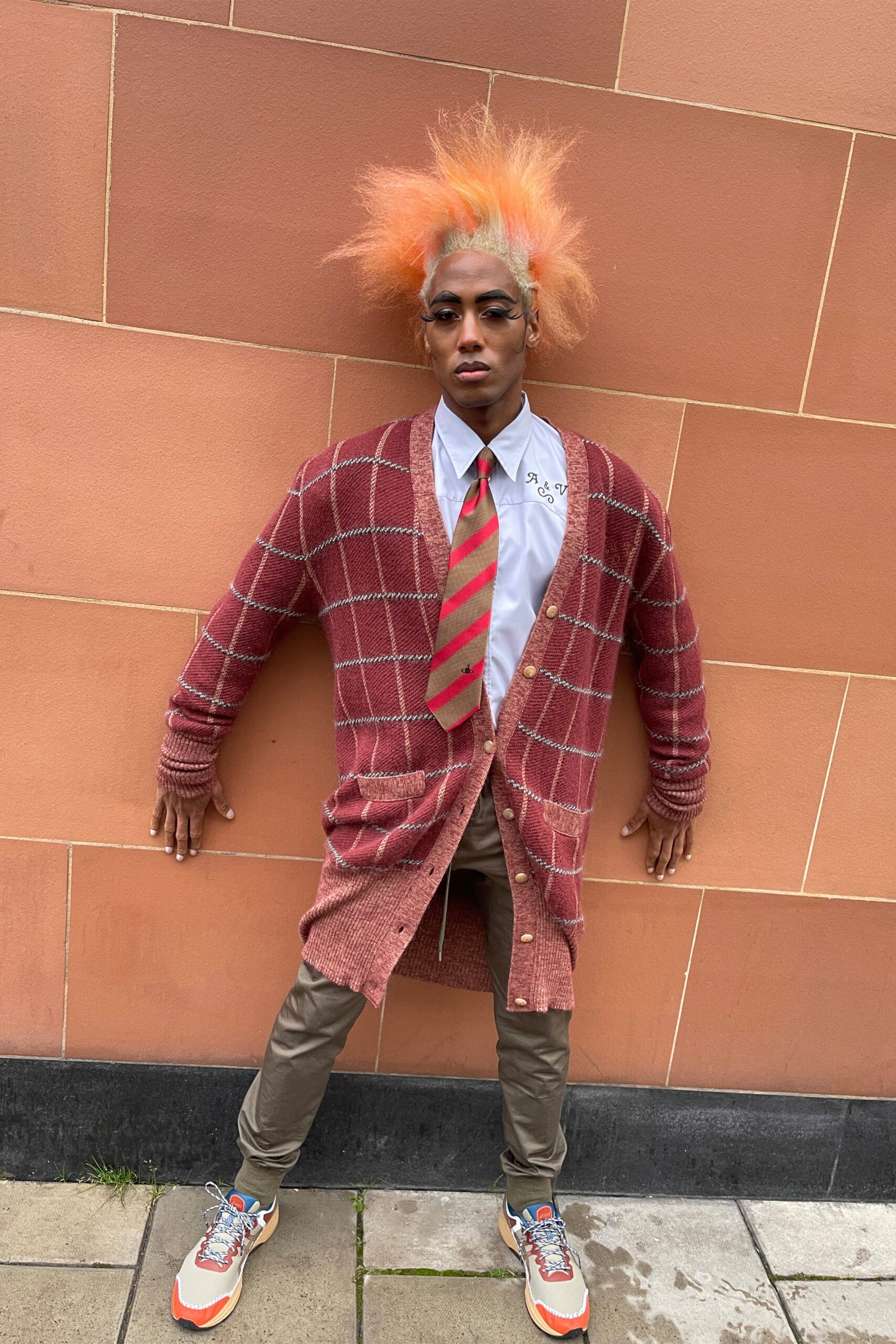 red checked cardigan with tie