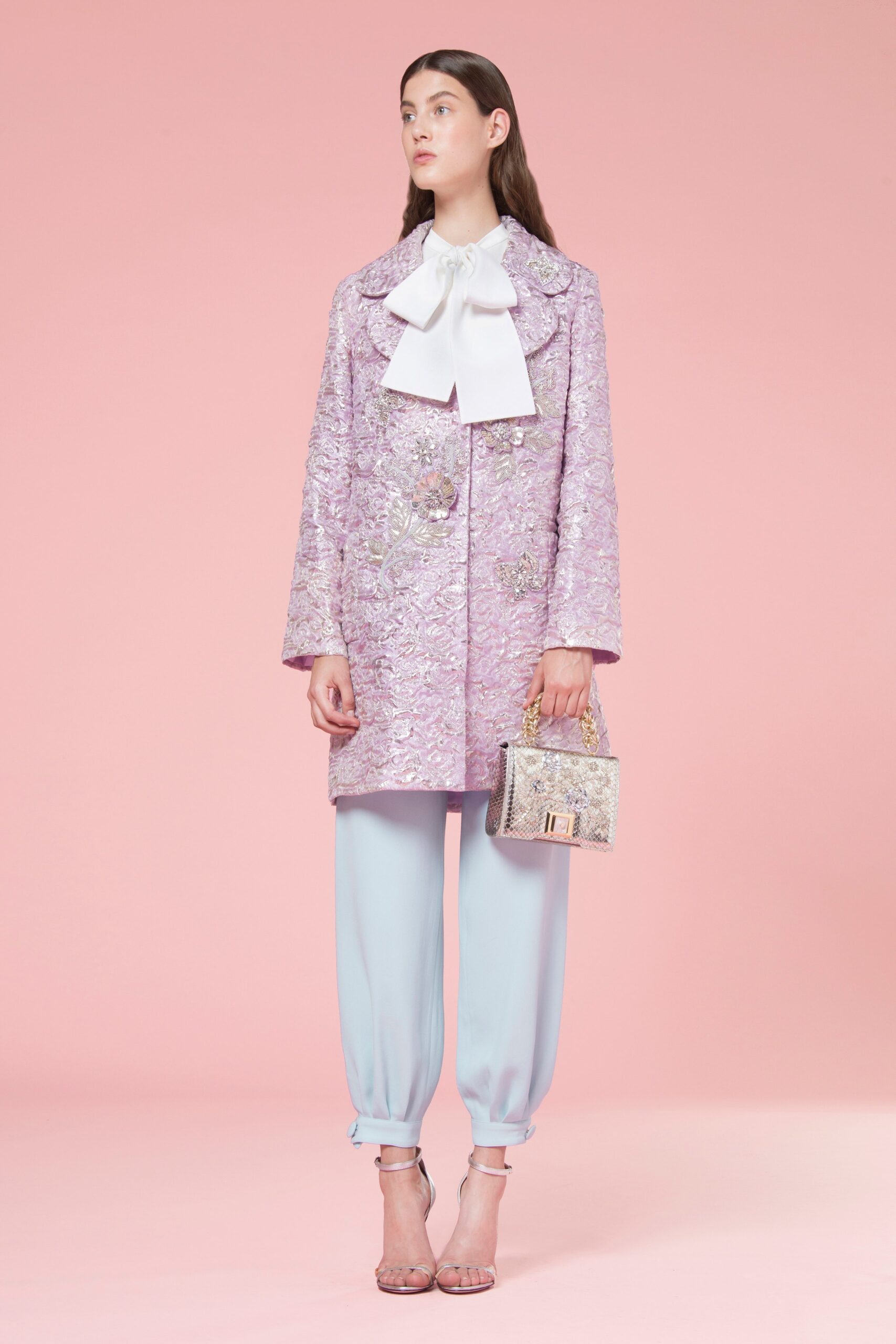 pink silk long-sleeve collared relaxed embroidered coat