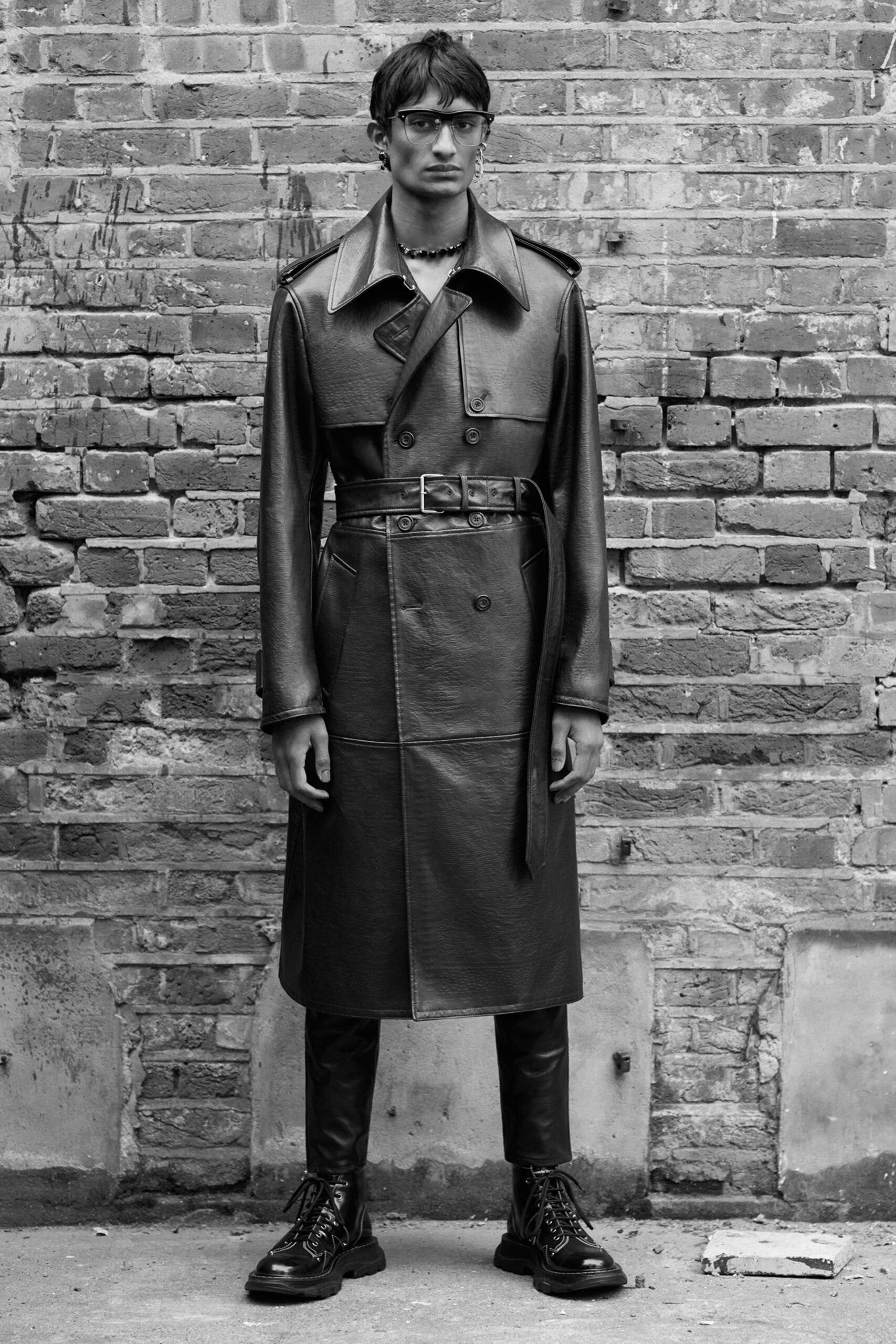 black leather trench coat and pants