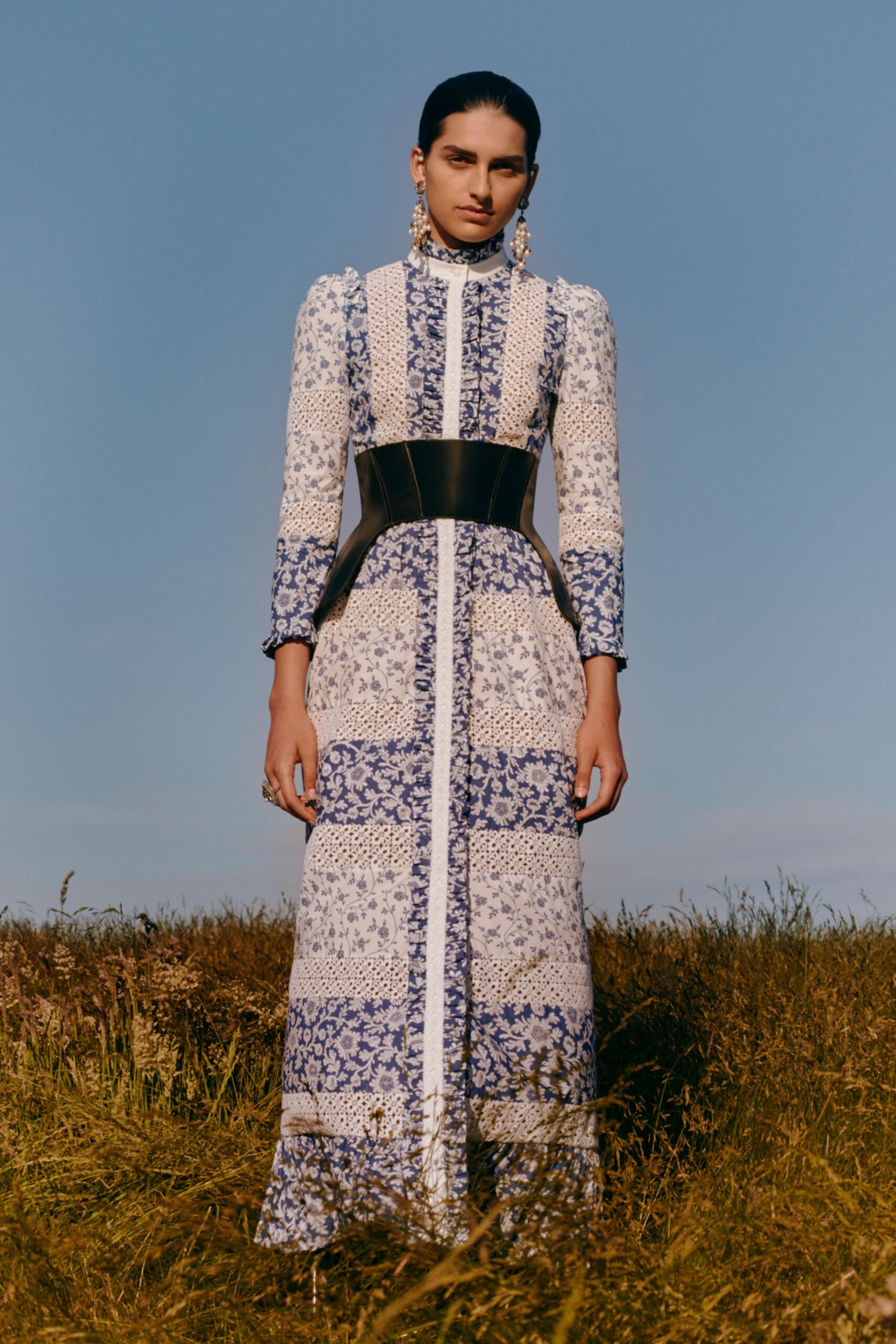 blue cotton long-sleeve collared fitted flared embroidered dress