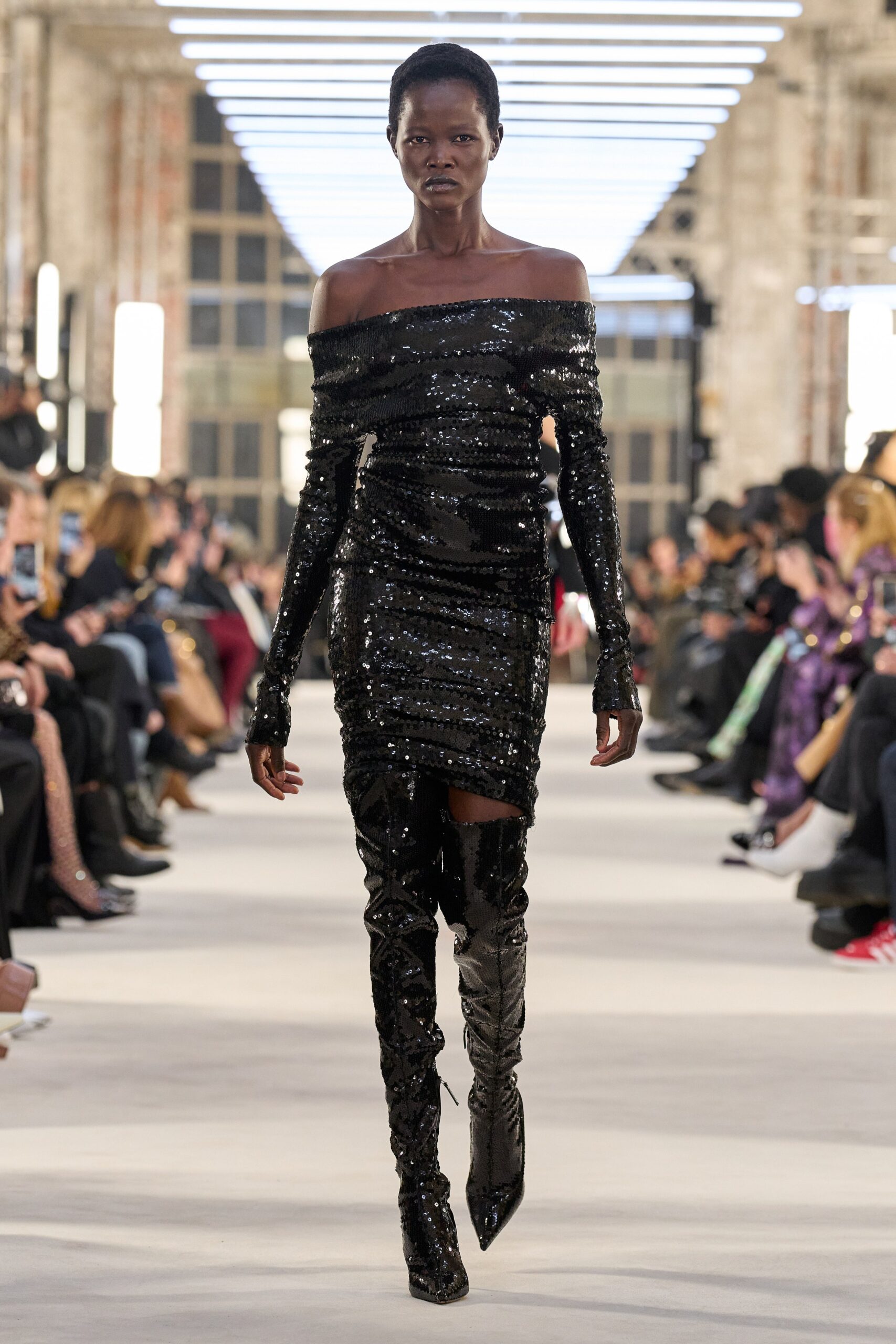 black sequin off-shoulder long-sleeve fitted ruched shiny dress