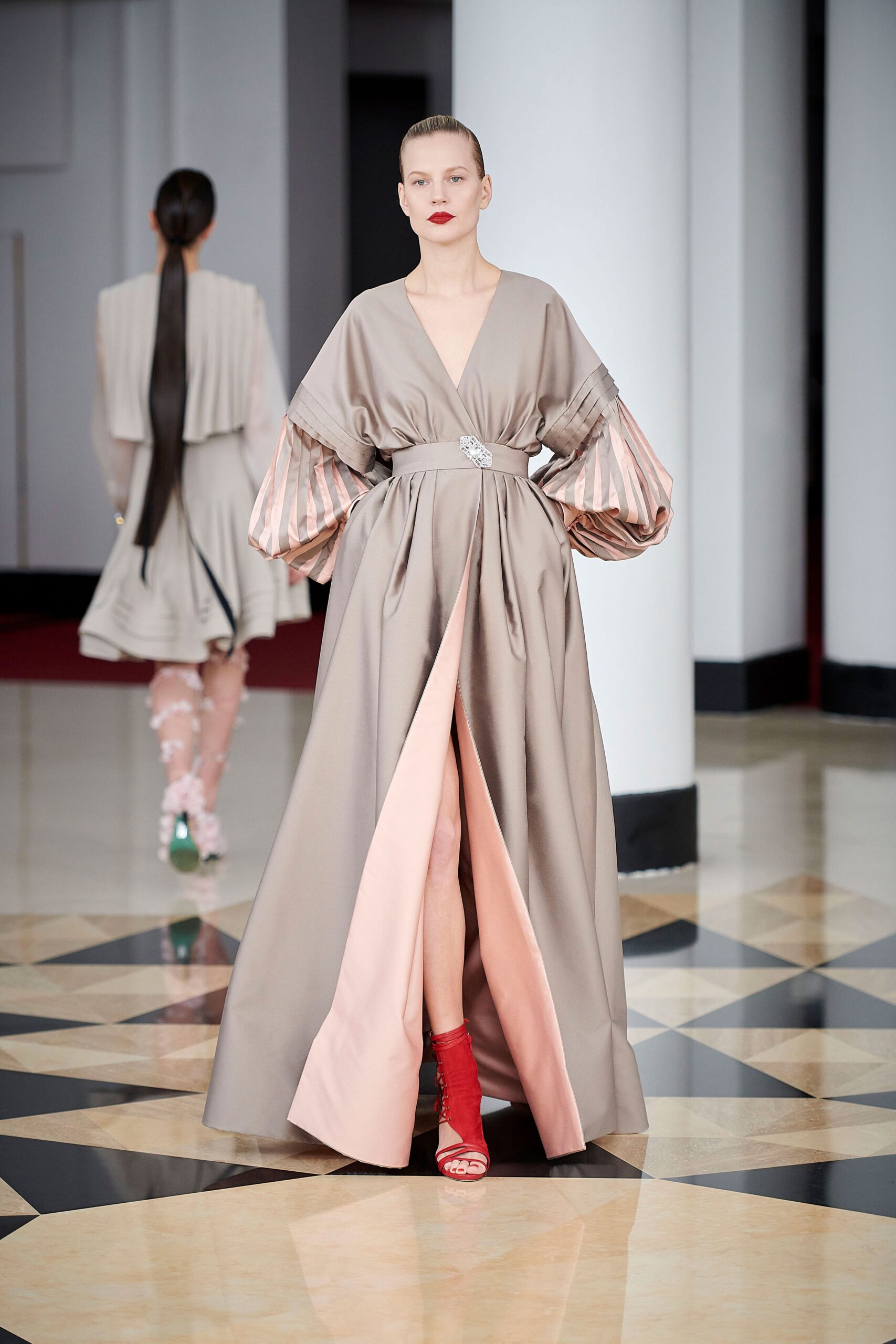 gray silk v-neck gown