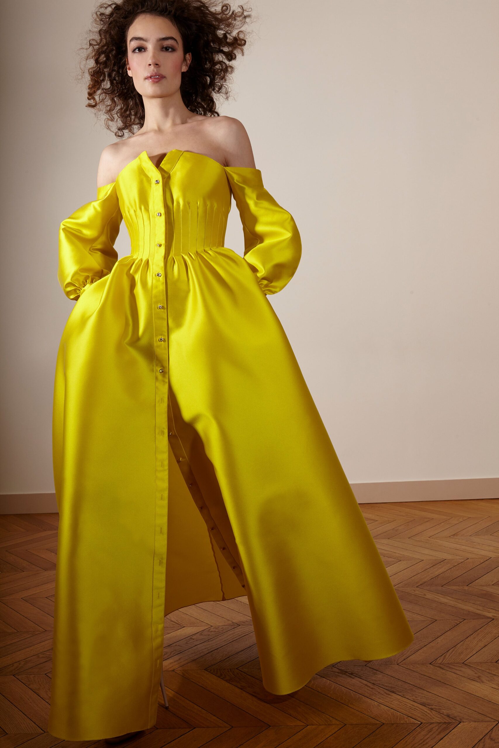 yellow silk off-shoulder gown