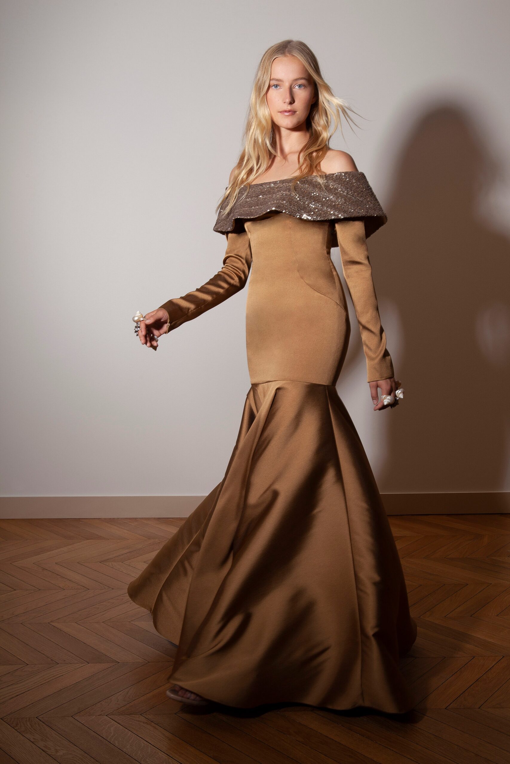 brown silk off-shoulder gown