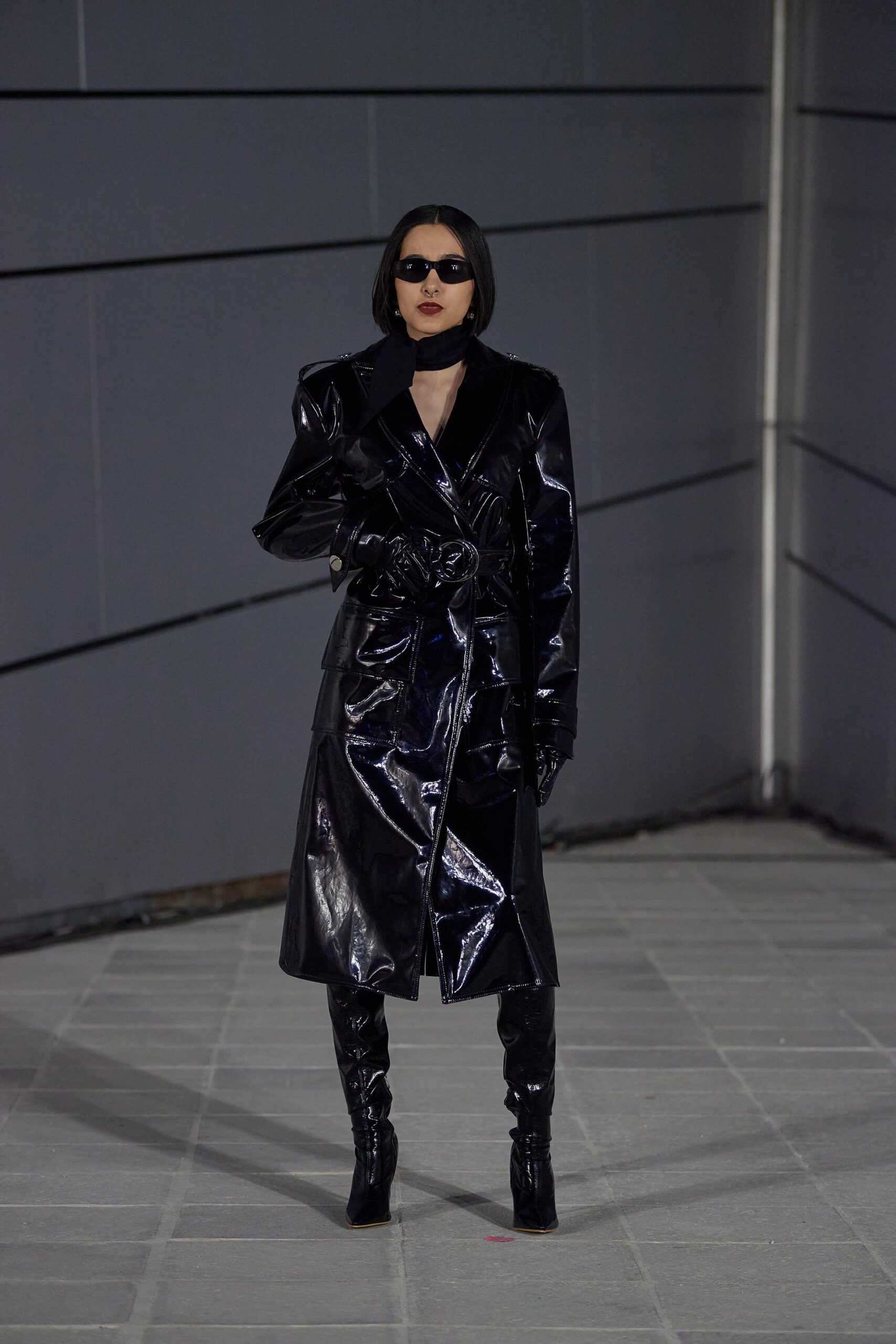 black vinyl coat with boots