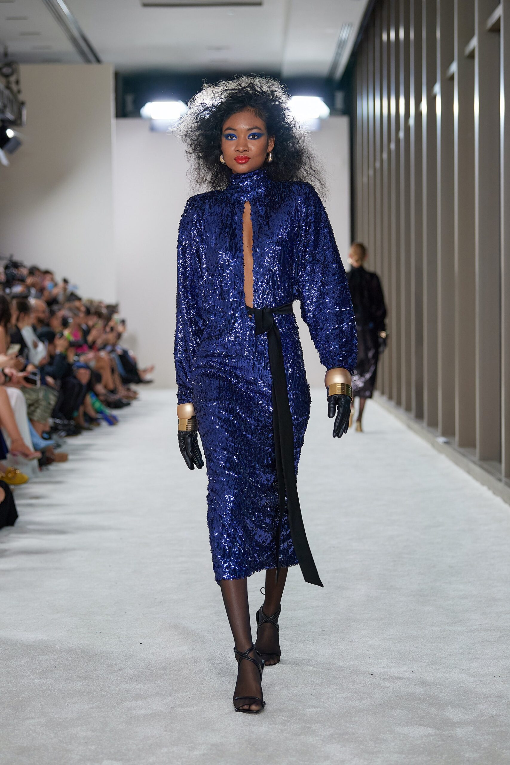 blue sequin long-sleeve high-neck fitted zippered shiny dress
