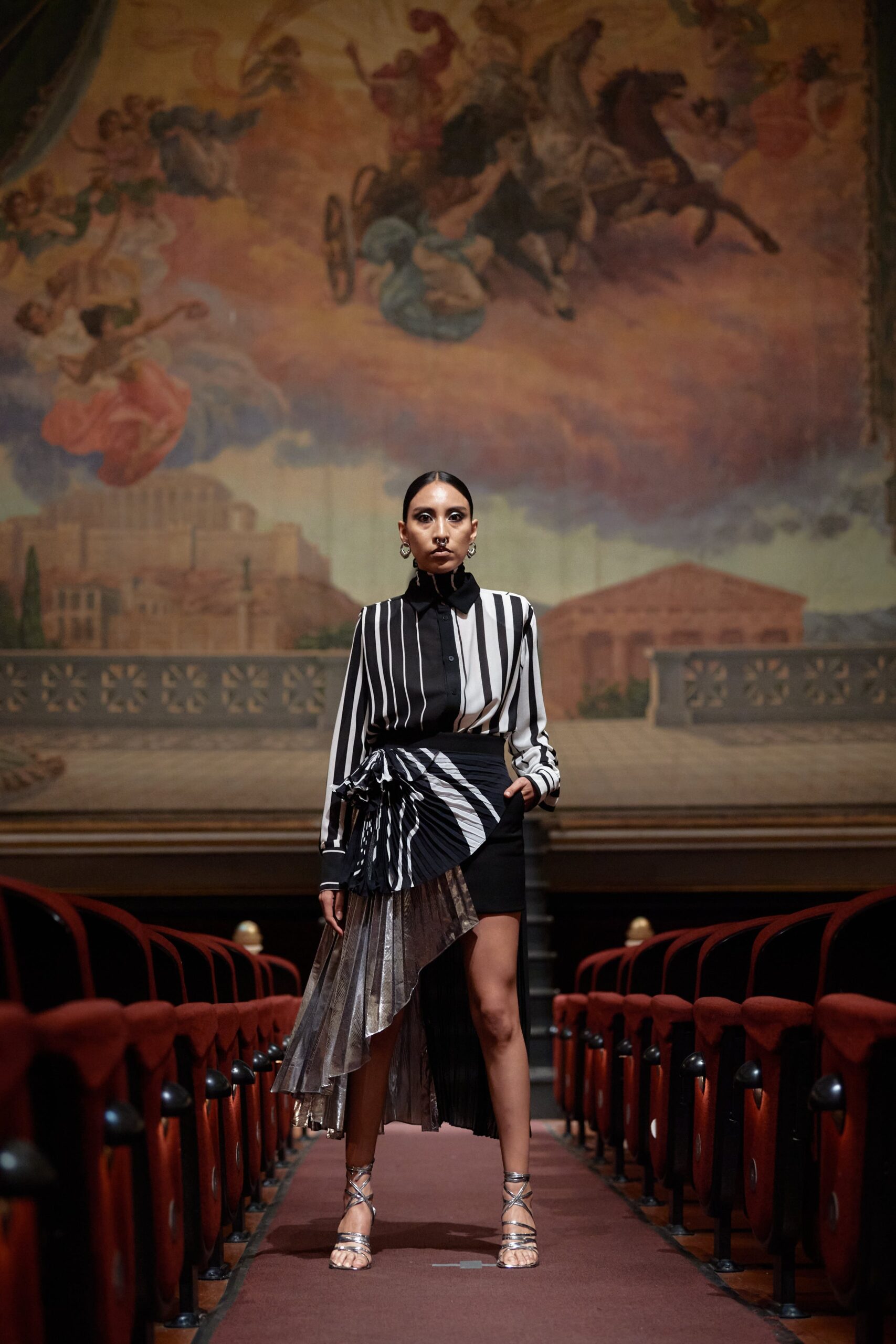 black silk long-sleeve collared fitted striped blouse