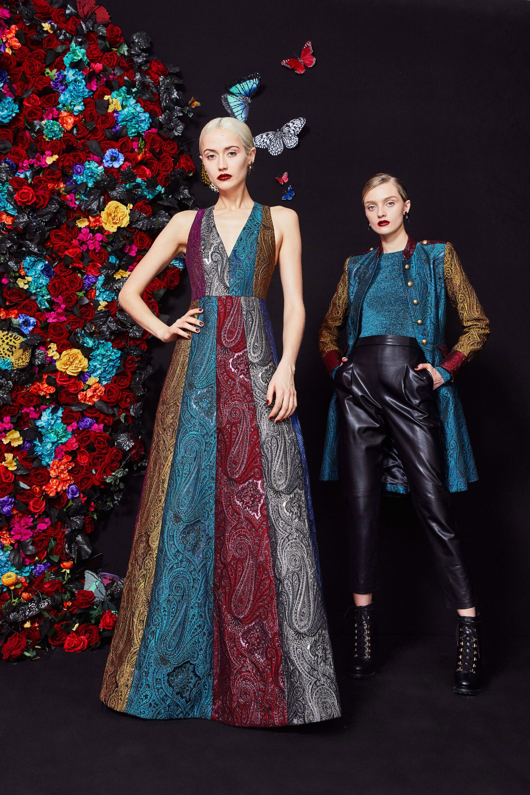 colorful silk gown and tailored jacket