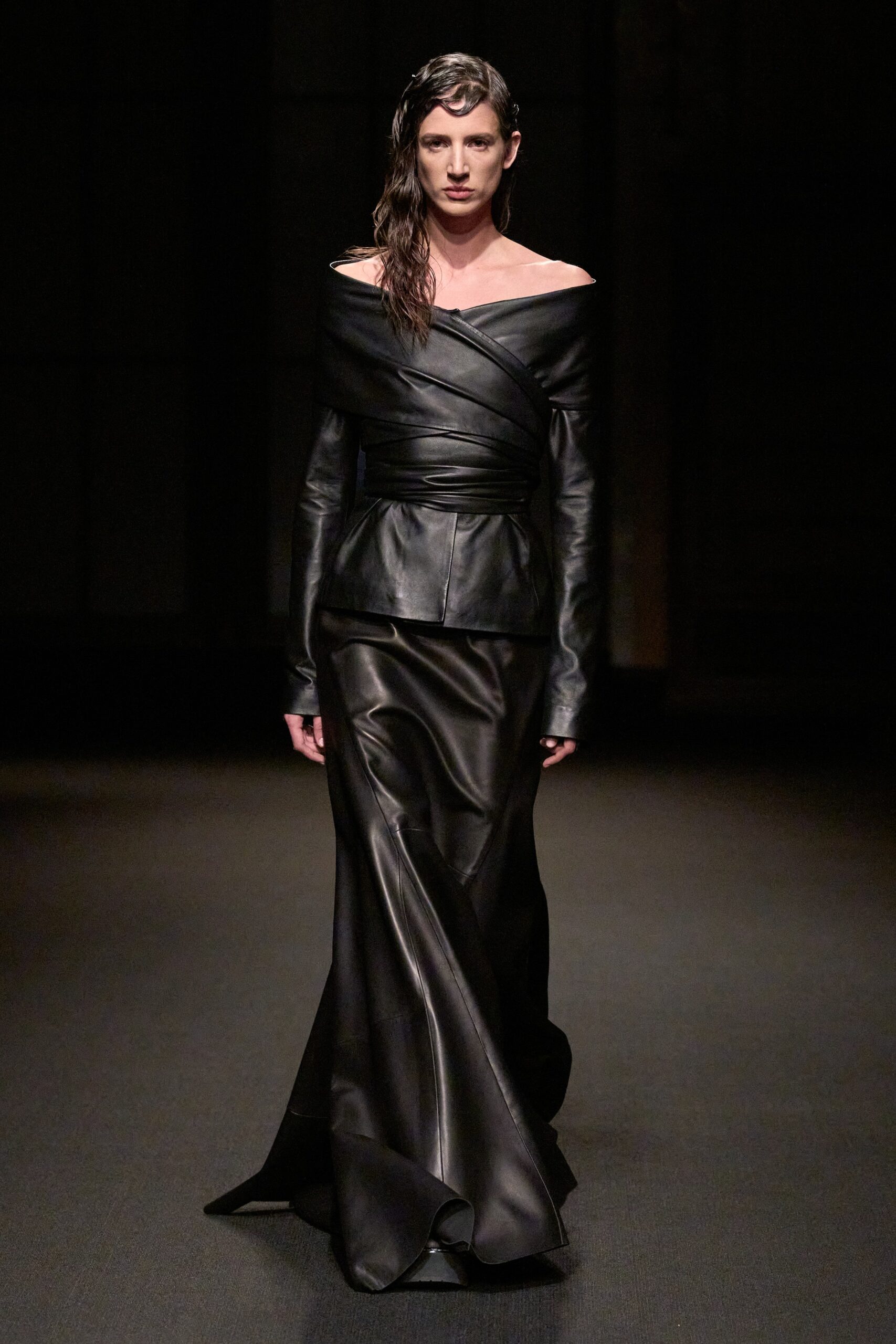 black leather off-shoulder gown