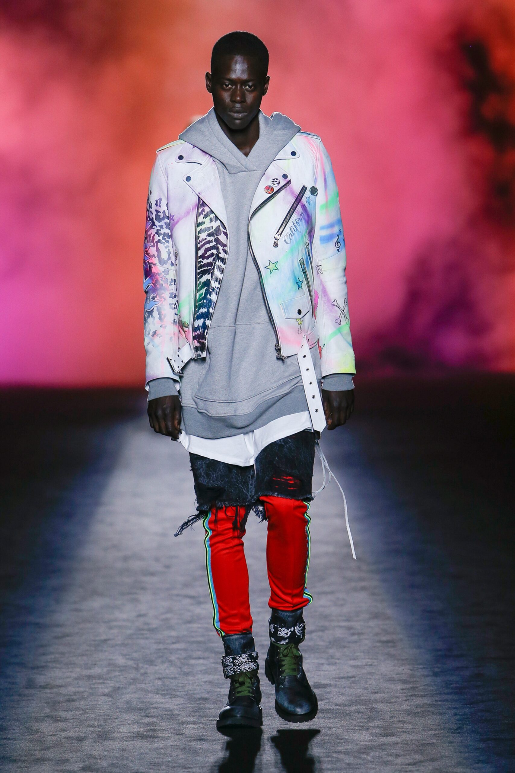 multi-colored leather jacket with hoodie