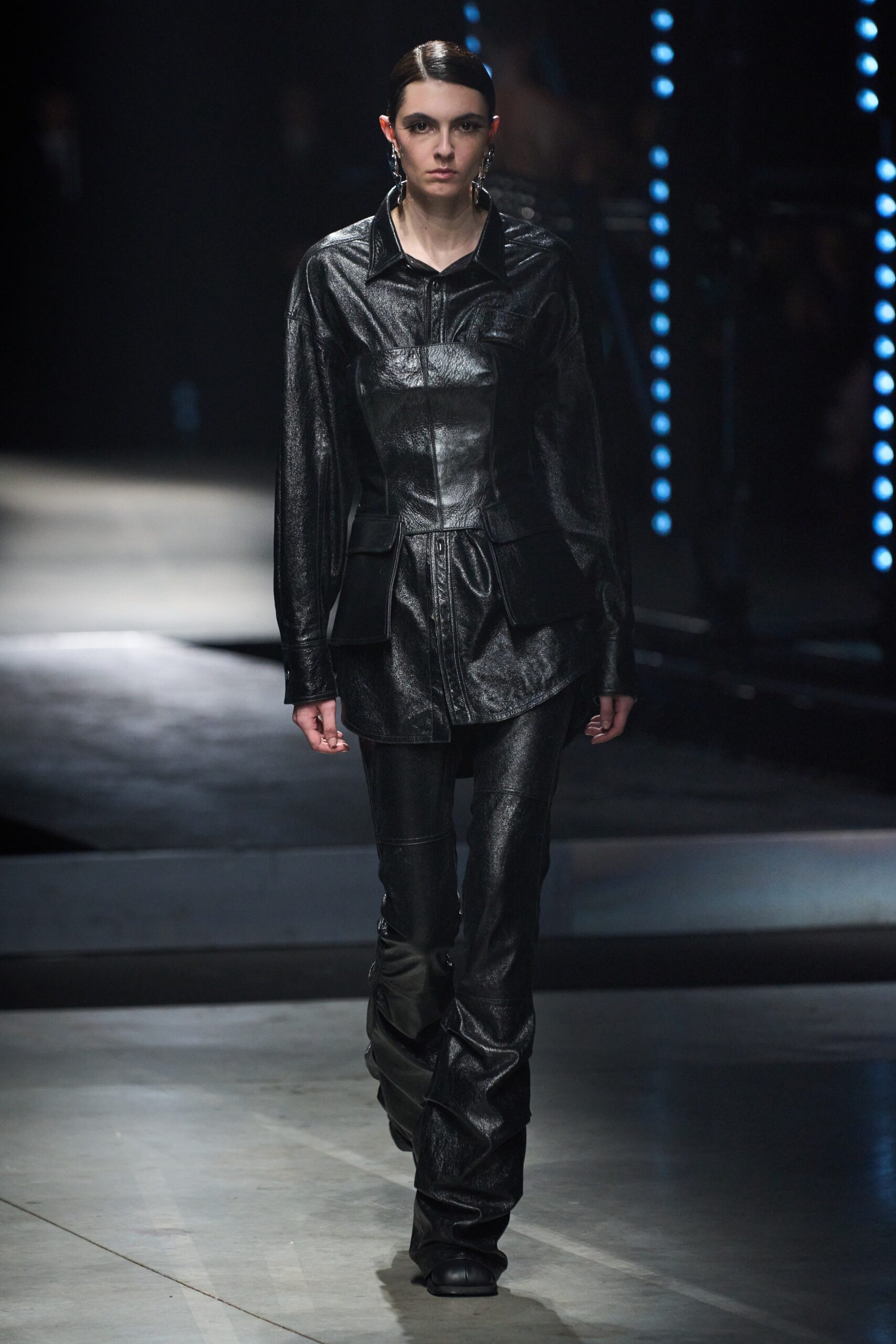black leather fitted jacket and pants