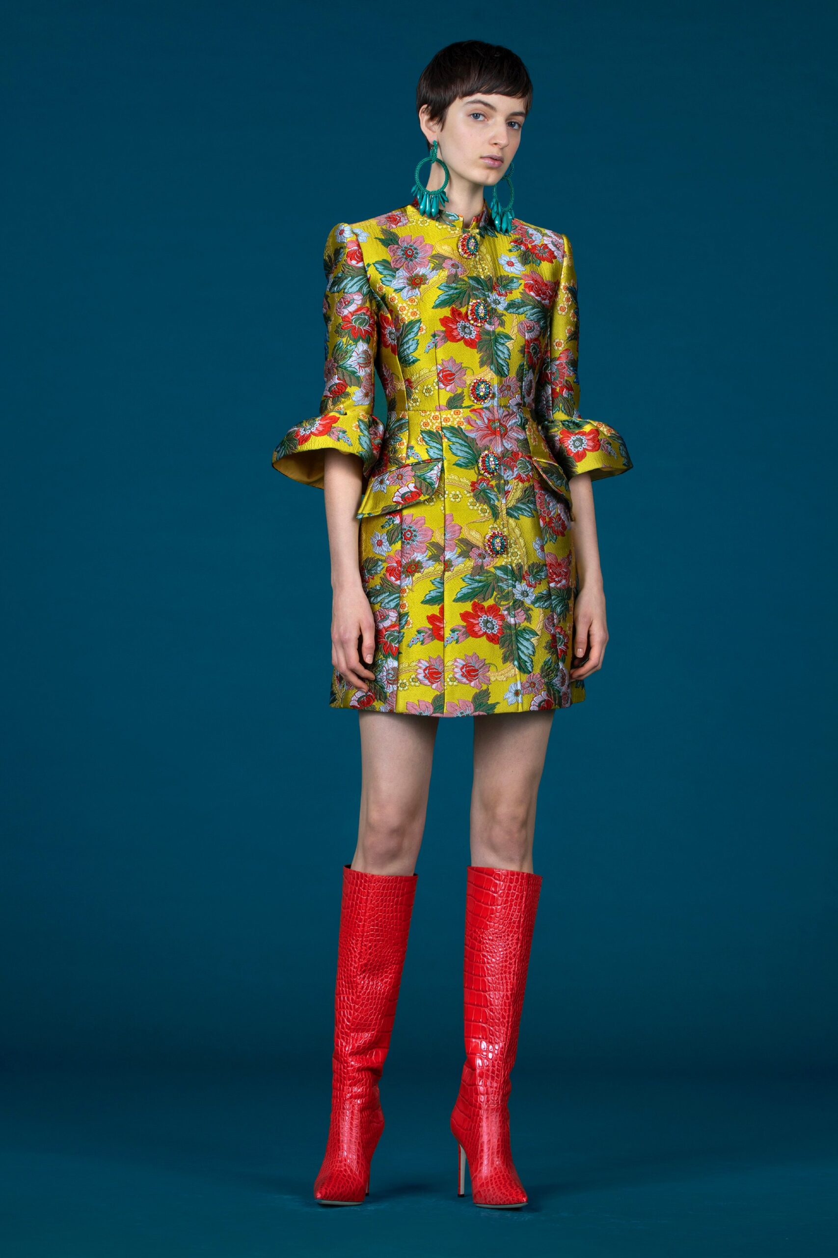 yellow silk long-sleeve collared fitted flared embroidered dress