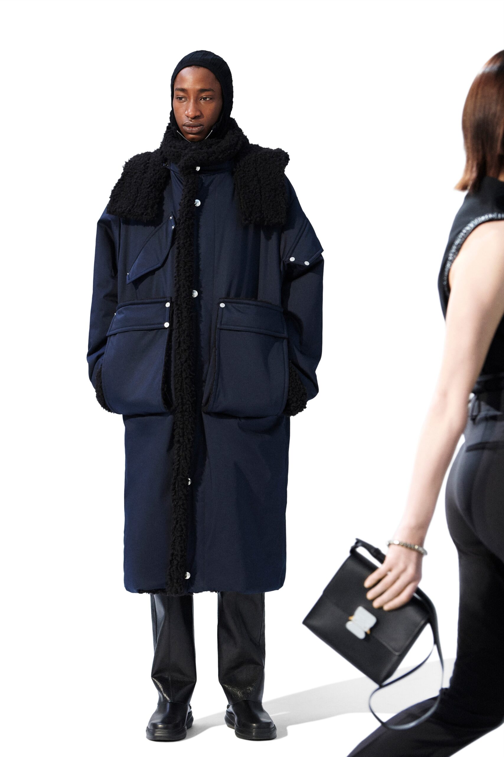 blue cotton long-sleeve collared oversized pockets coat