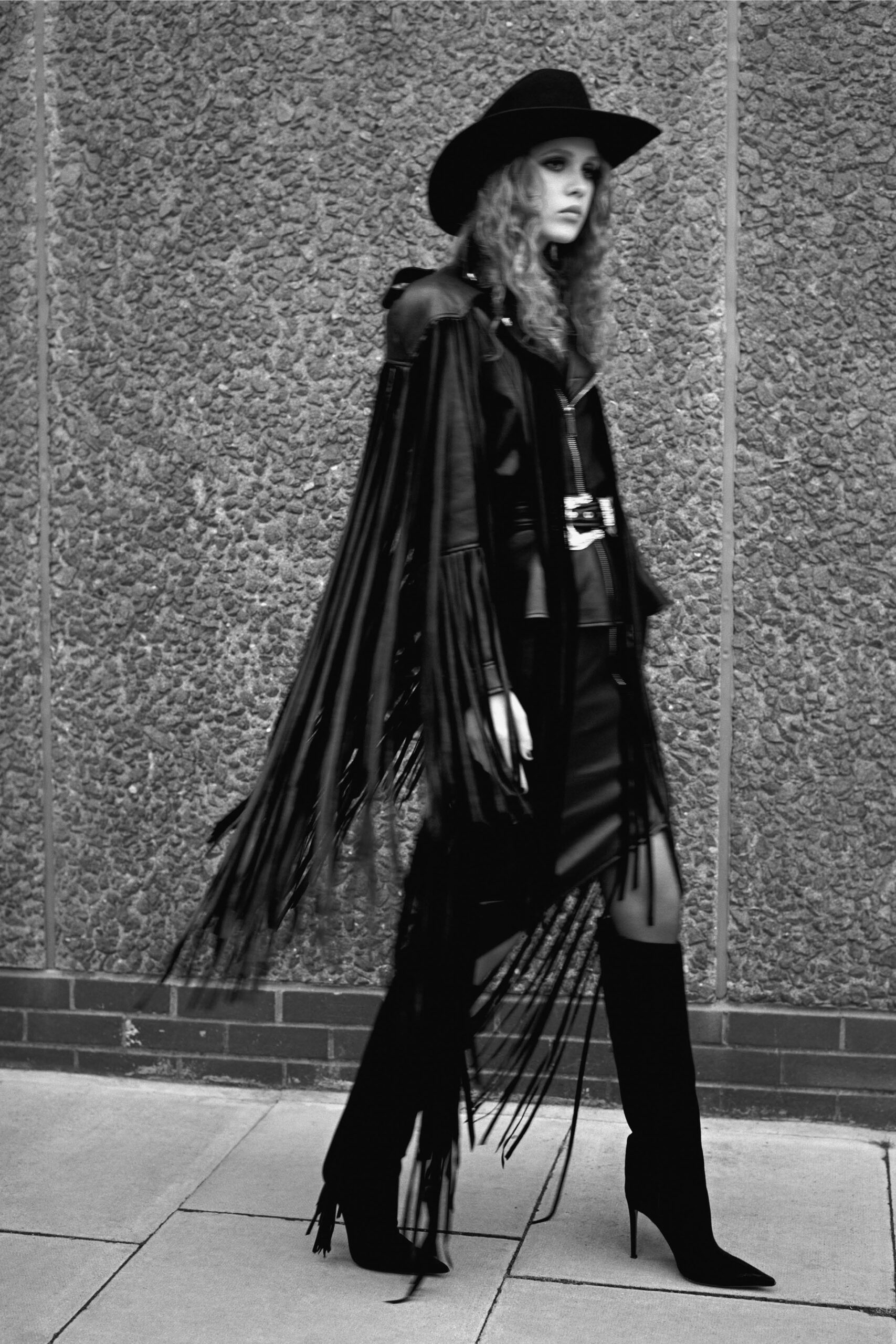 black leather fringed coat