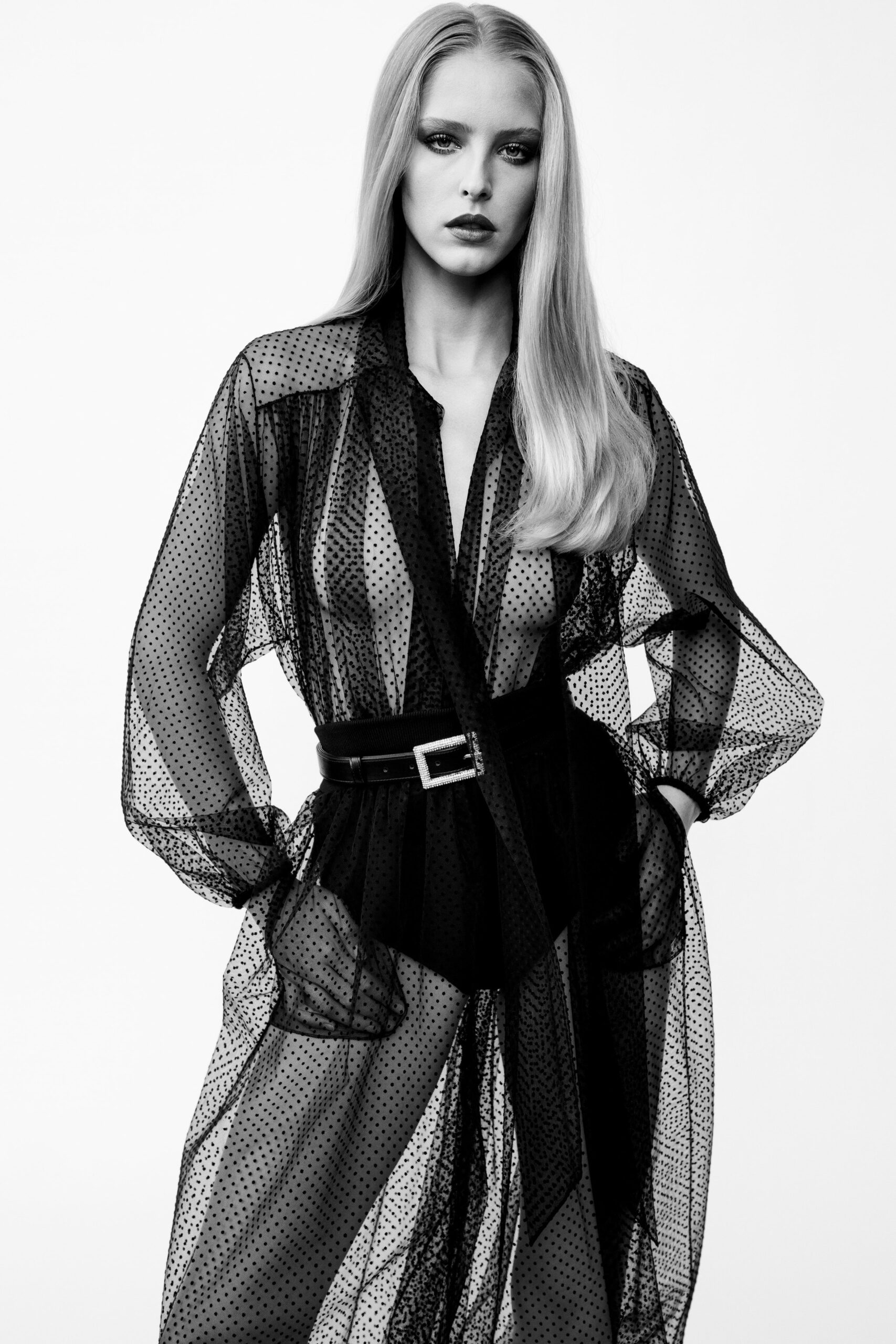 black mesh long-sleeve collared fitted draped dress