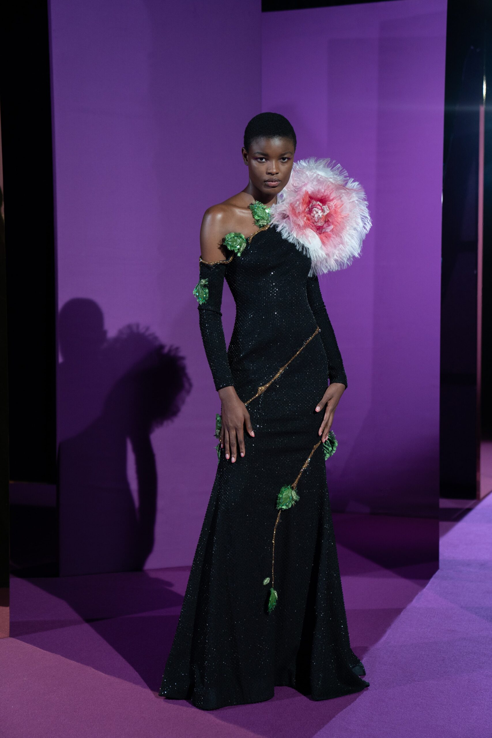 black fitted off-shoulder gown