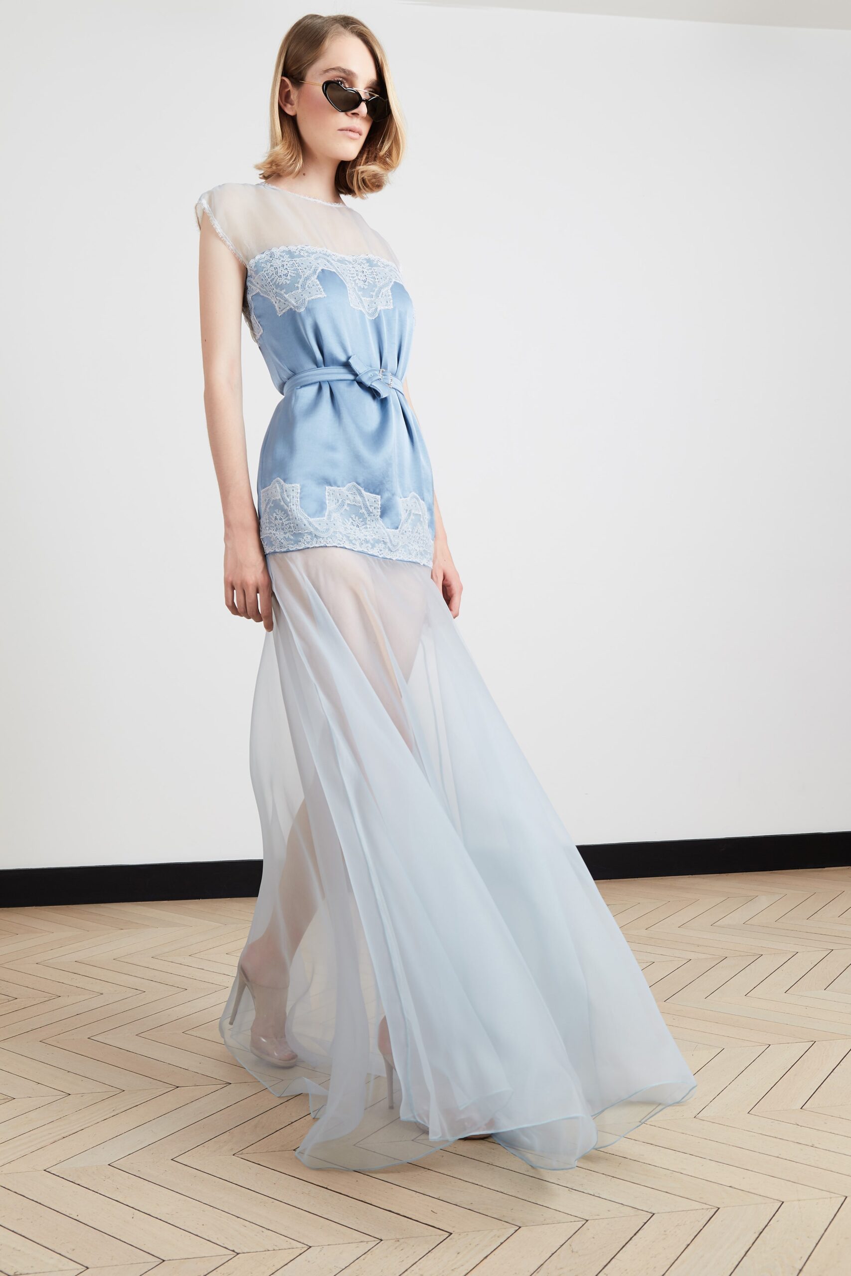 blue silk off-shoulder maxi dress