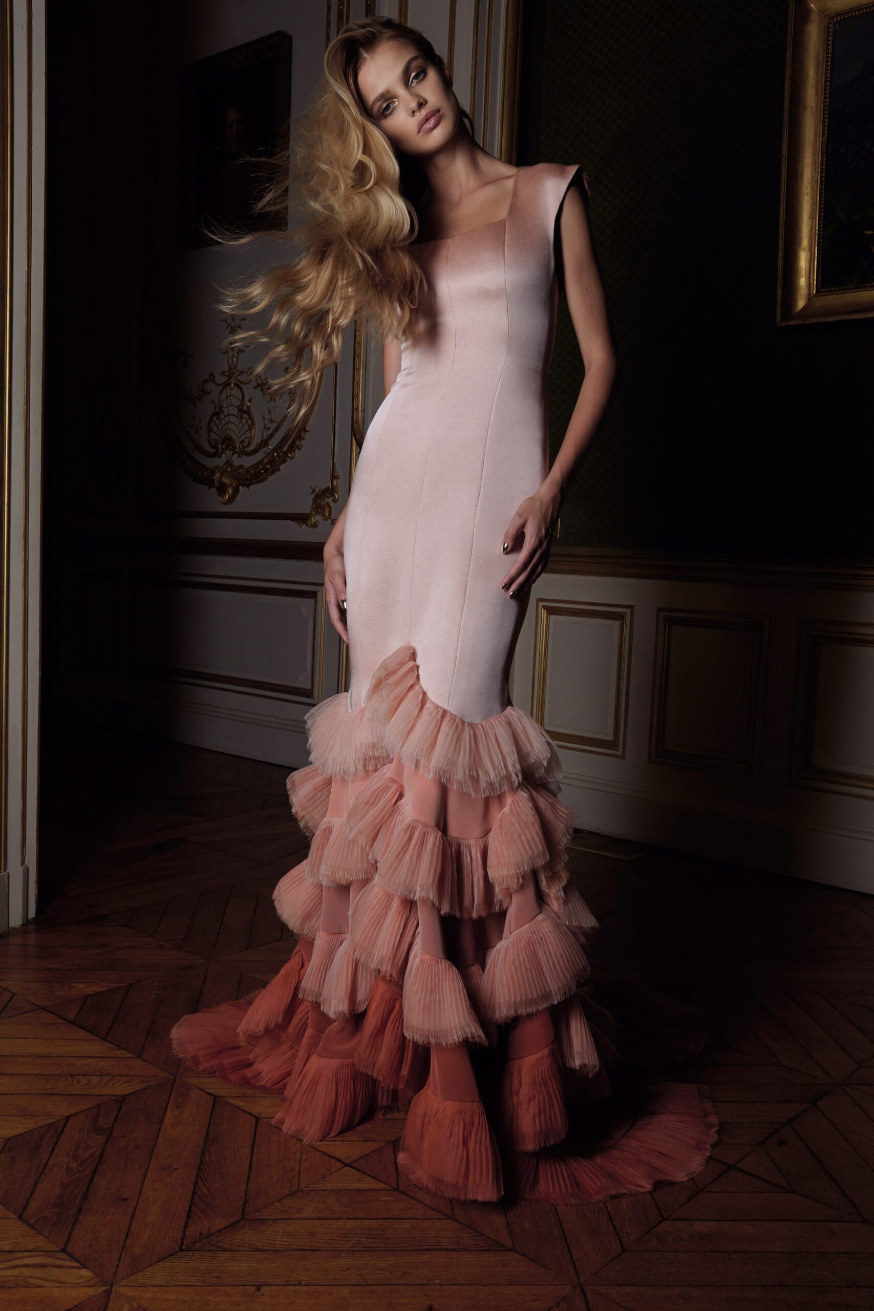 pink coral pleated gown