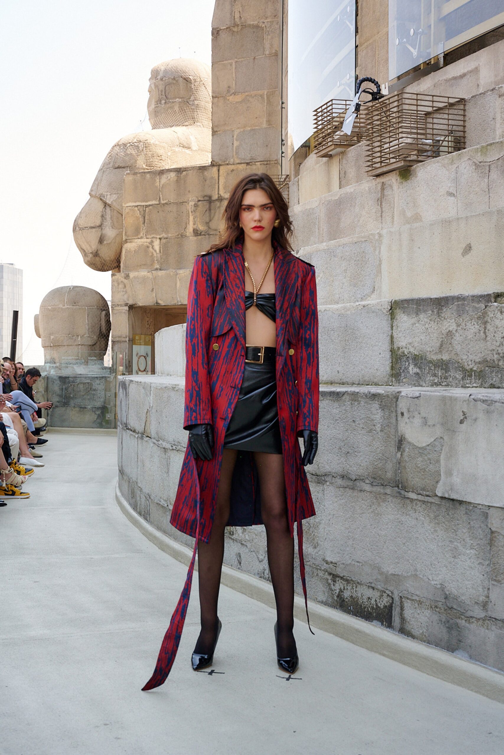 red silk long-sleeve collared fitted layered coat