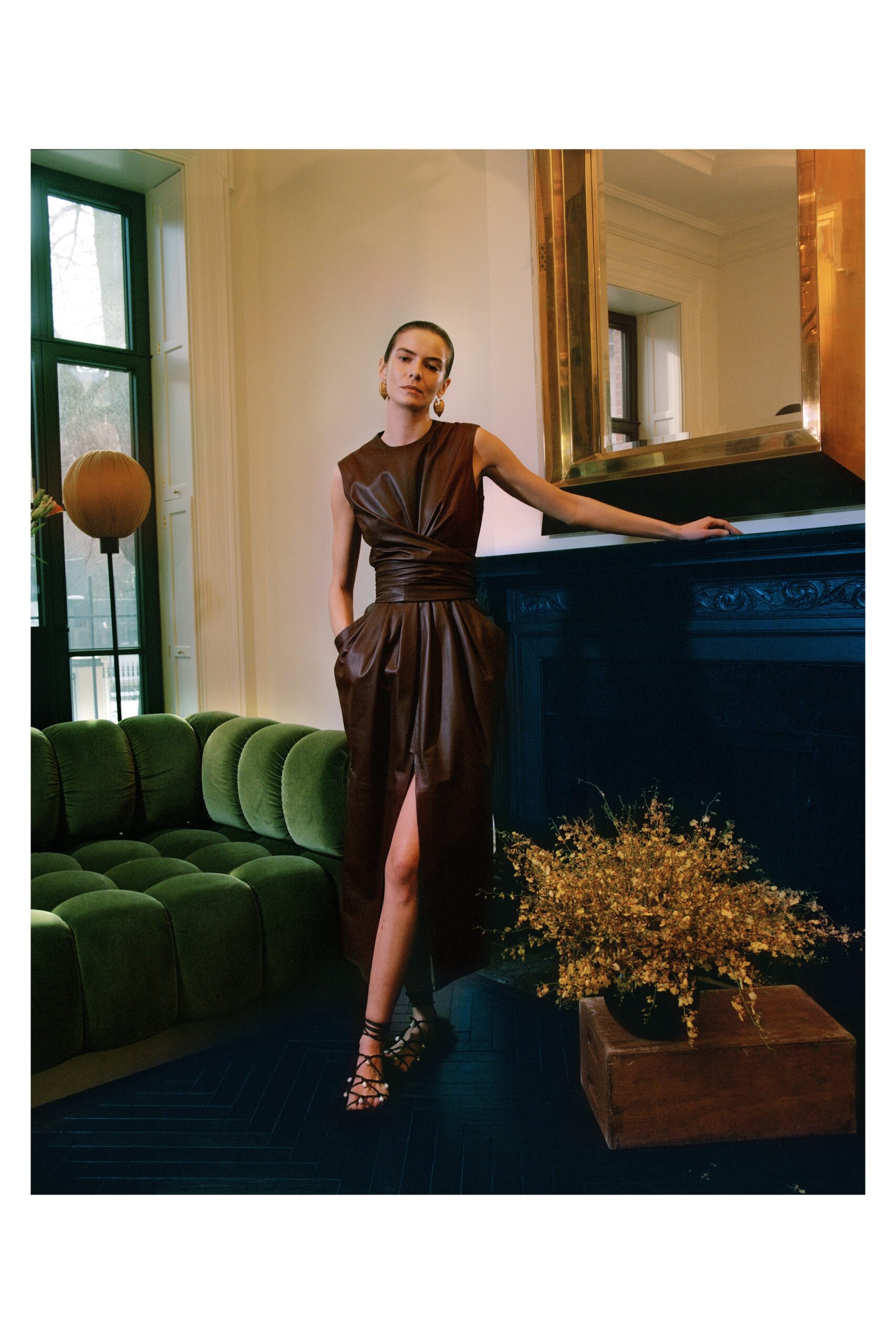 brown leather sleeveless dress