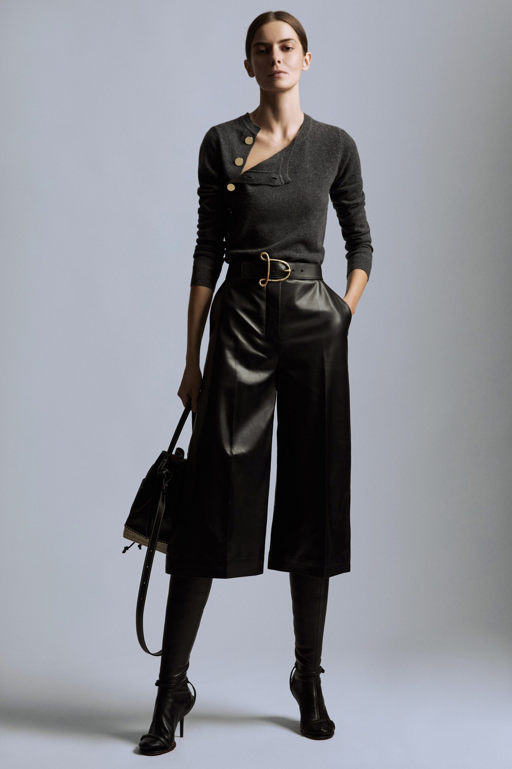 gray wool long-sleeve asymmetric fitted buttoned top